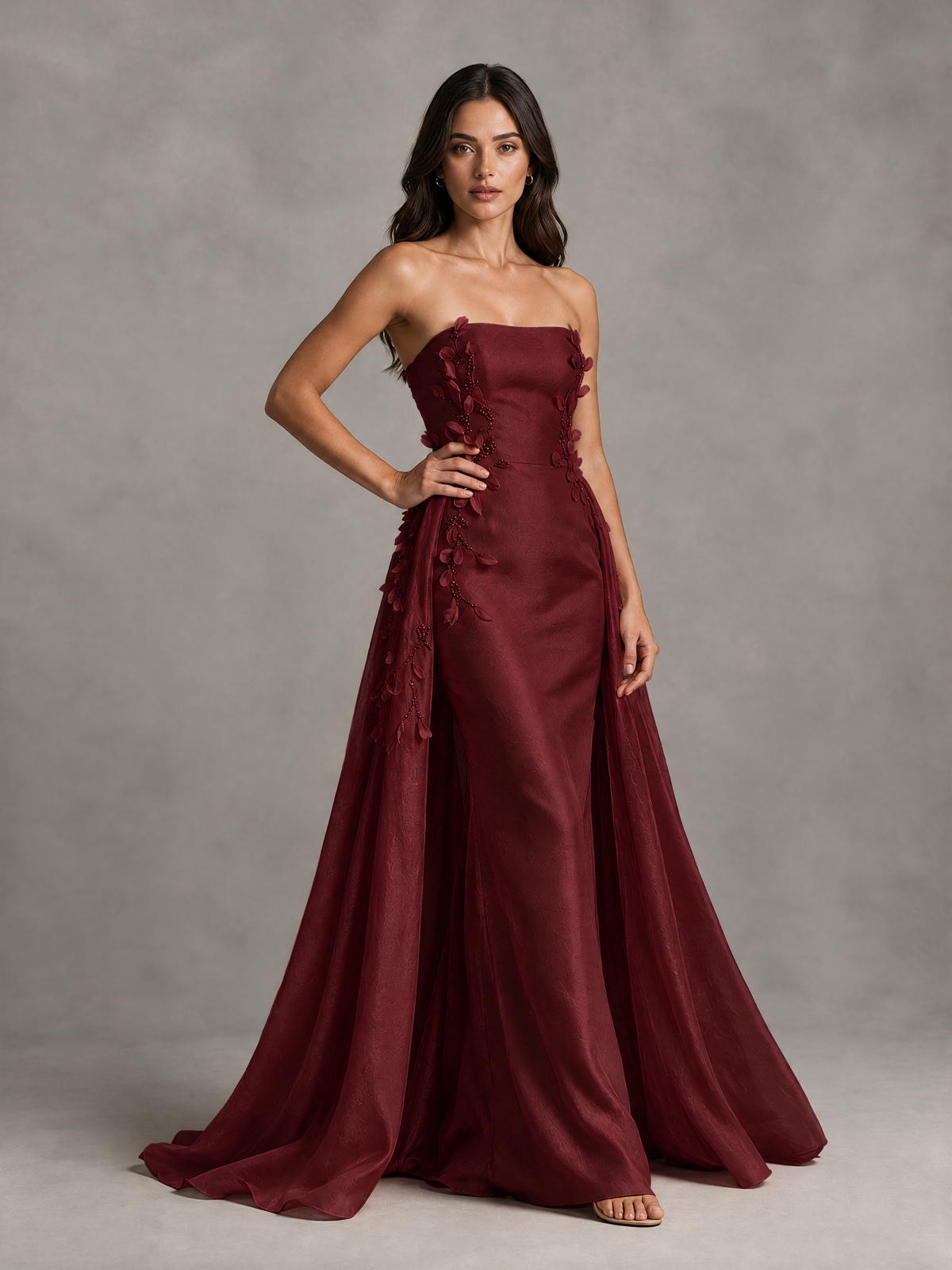 BOLODOO Burgundy Strapless Floral Applique Prom Dress with Overskirt - Burgundy - Burgundy (3)