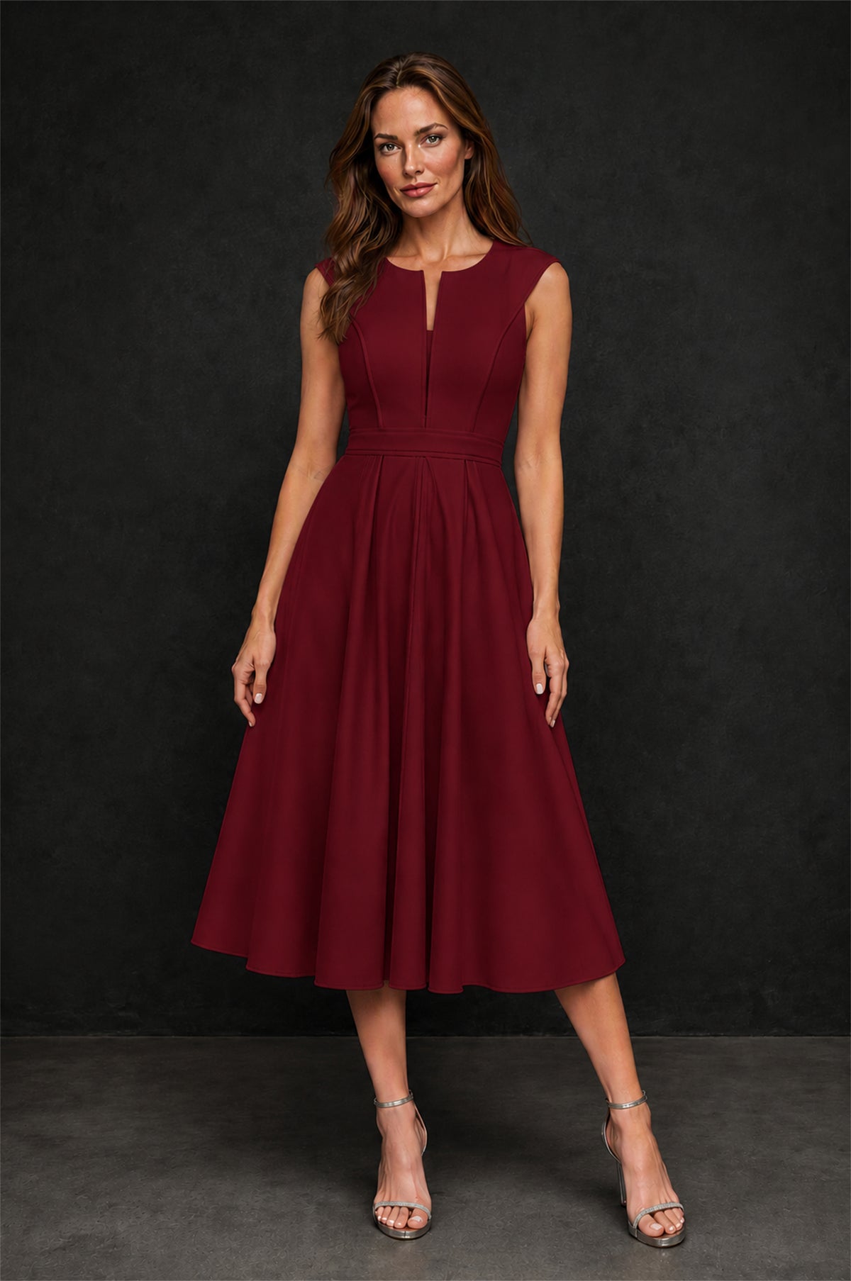 BOLODOO Burgundy 3D Rosette Appliqué 3/4 Sleeve Jacket & V-Notch Sleeveless A-Line Tea-Length Two-Piece Dress Set - Burgundy