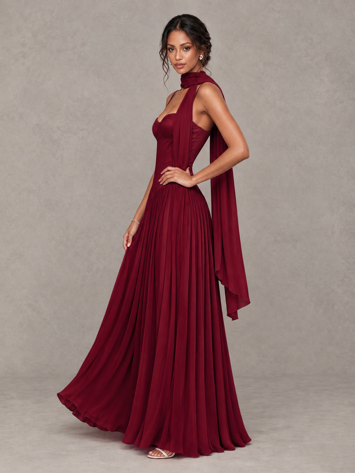 BOLODOO Burgundy Corset Bridesmaid Dress with Scarf - Burgundy - Burgundy (3)