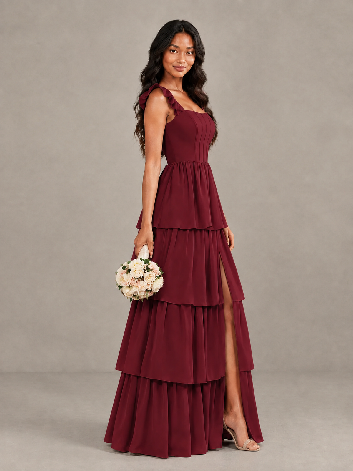 BOLODOO Burgundy Tiered Maxi Bridesmaid Dress with Slit - Burgundy