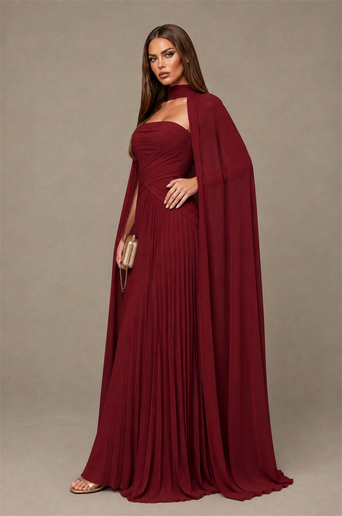 BOLODOO Burgundy Strapless Crossover Ruched Bodice Detached Turtleneck Cape Lace-Up Back Pleated Chiffon Maxi Dress - Burgundy