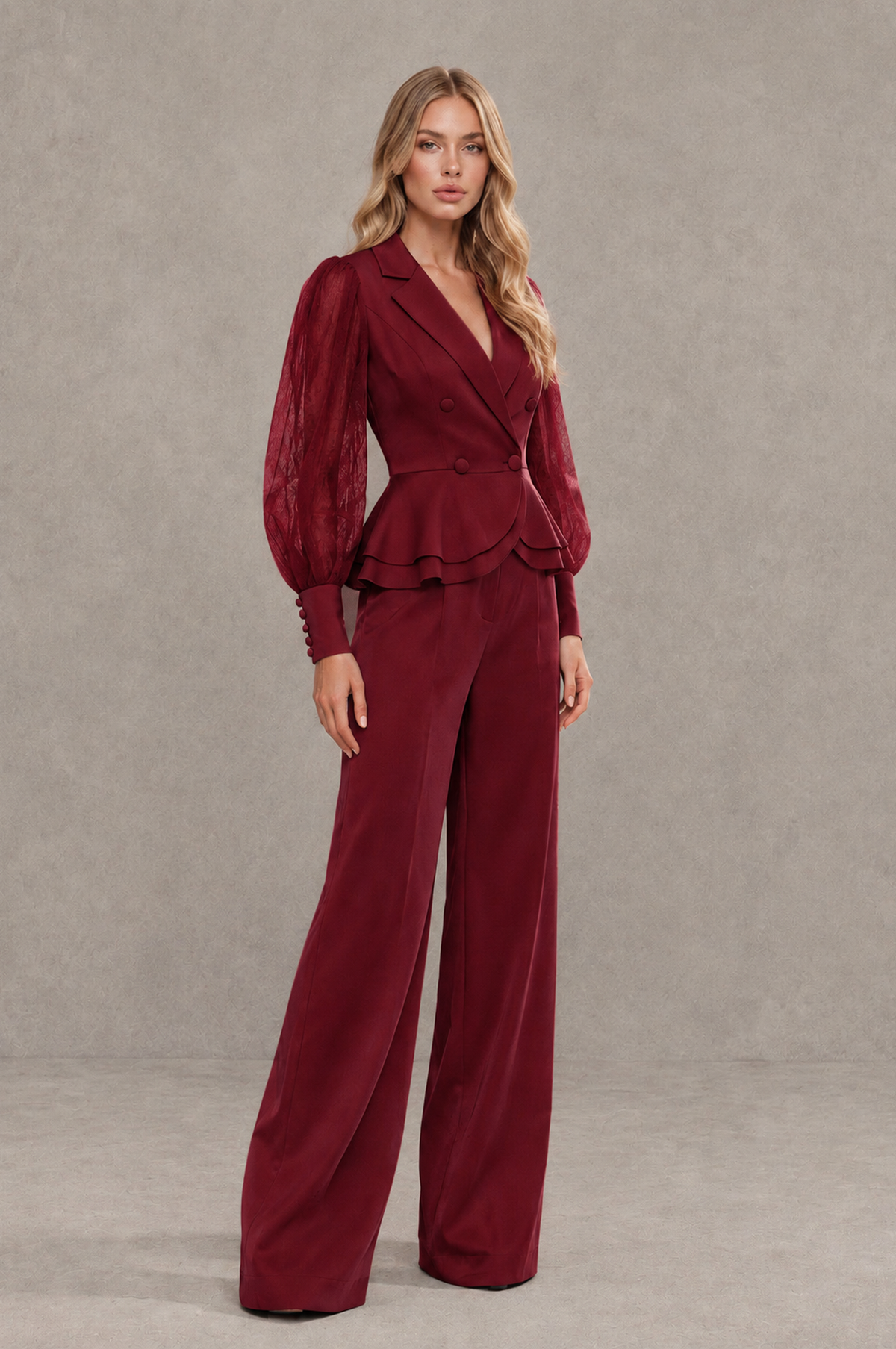 BOLODOO Mint Burgundy Peplum Blazer Wide-Leg Pantsuit with Sheer Puff Sleeves - Burgundy