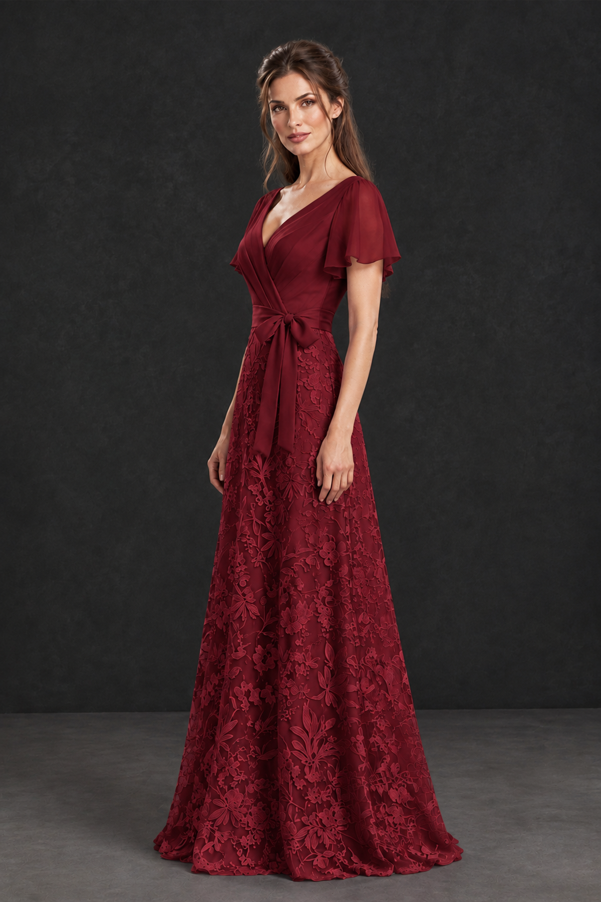 BOLODOO Burgundy Flutter Sleeve Lace Mother of the Bride Dress - Burgundy