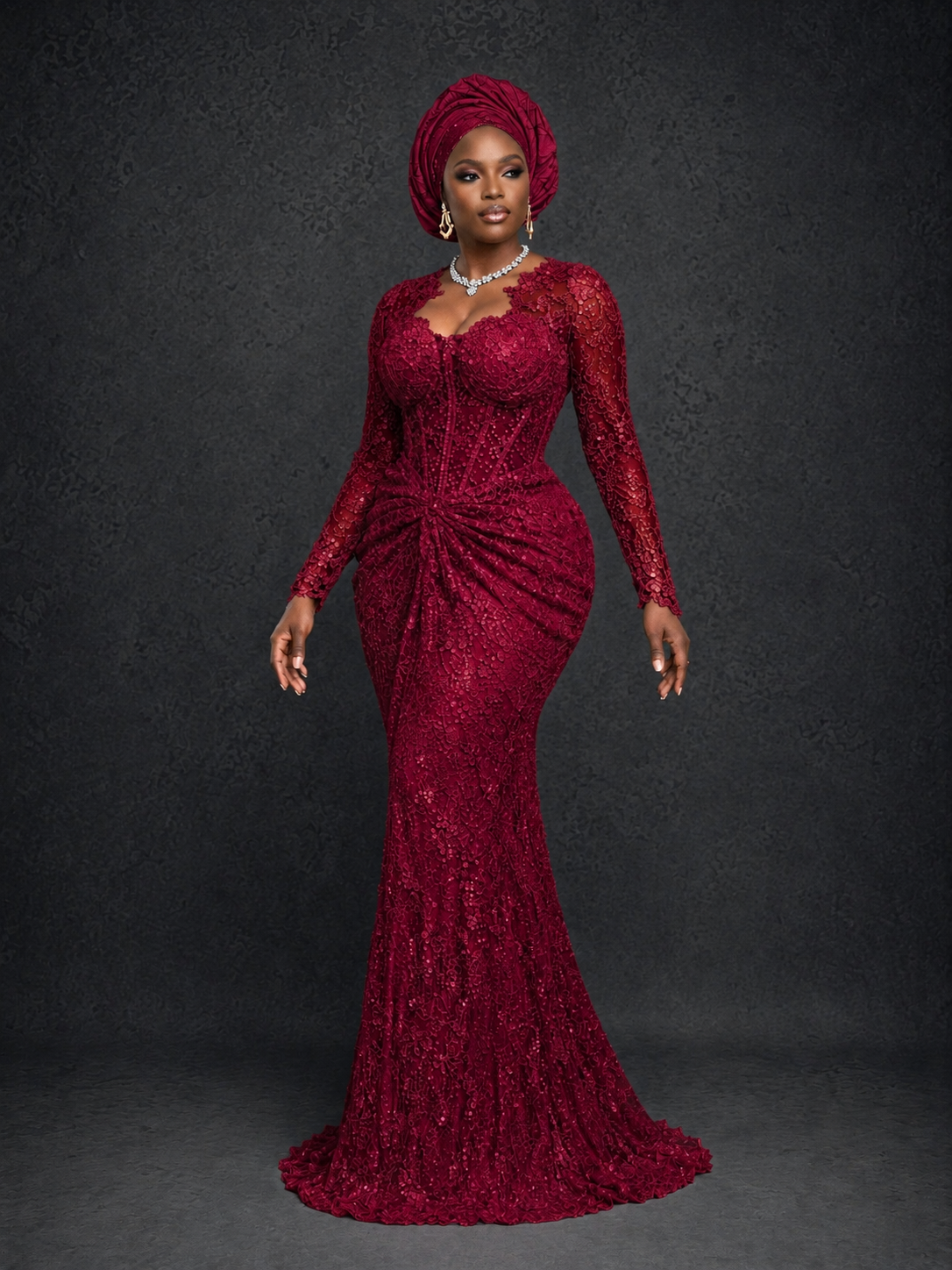 BOLODOO Burgundy Beaded Lace Long Sleeve Mermaid Gown Sweetheart | Mother of the Bride - Burgundy