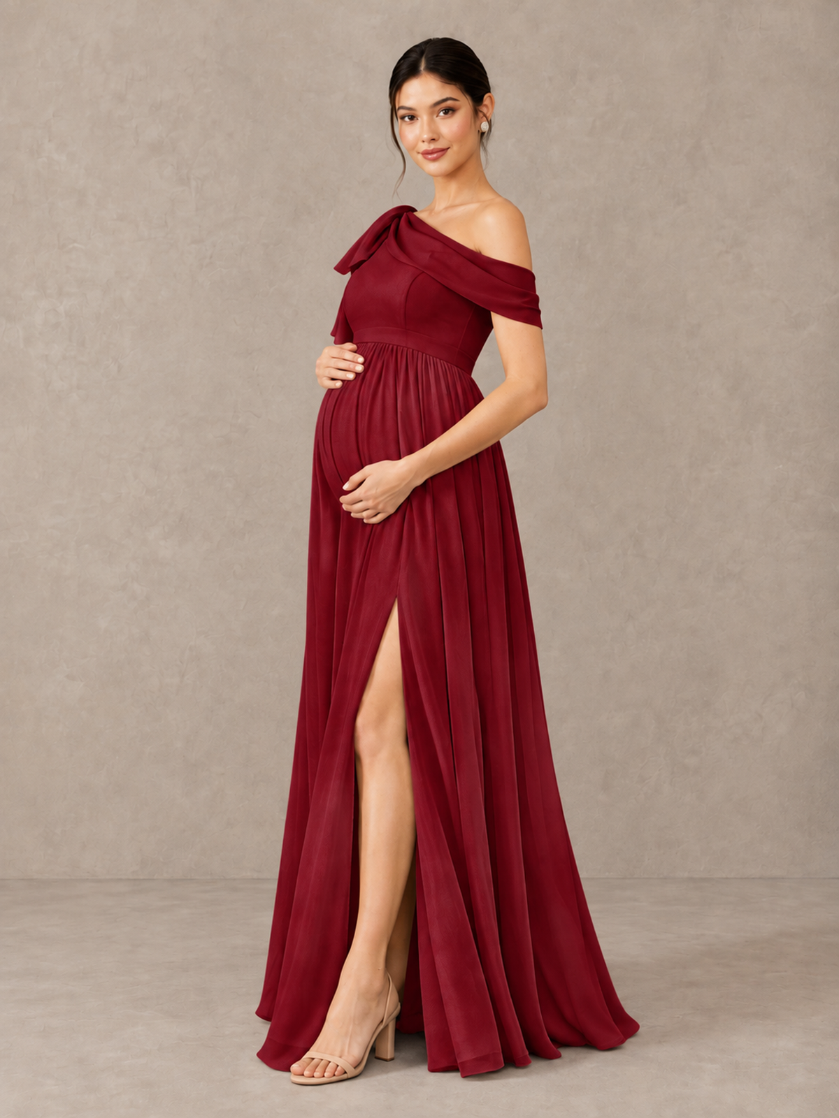 BOLODOO Burgundy One-Shoulder Maternity Bridesmaid Dress with Slit - Burgundy - Burgundy (3)