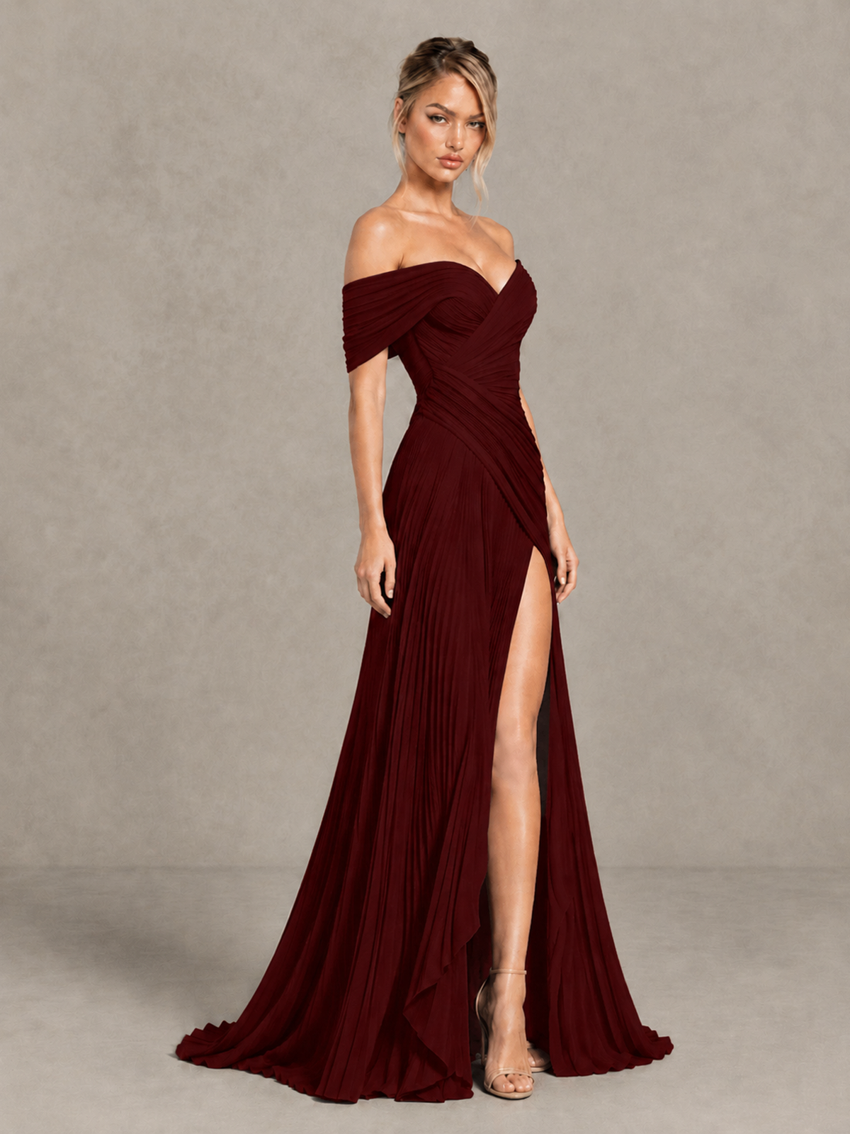 BOLODOO Burgundy Off-Shoulder Ruched Pleated Maxi Dress with High Slit - Burgundy - Burgundy (3)