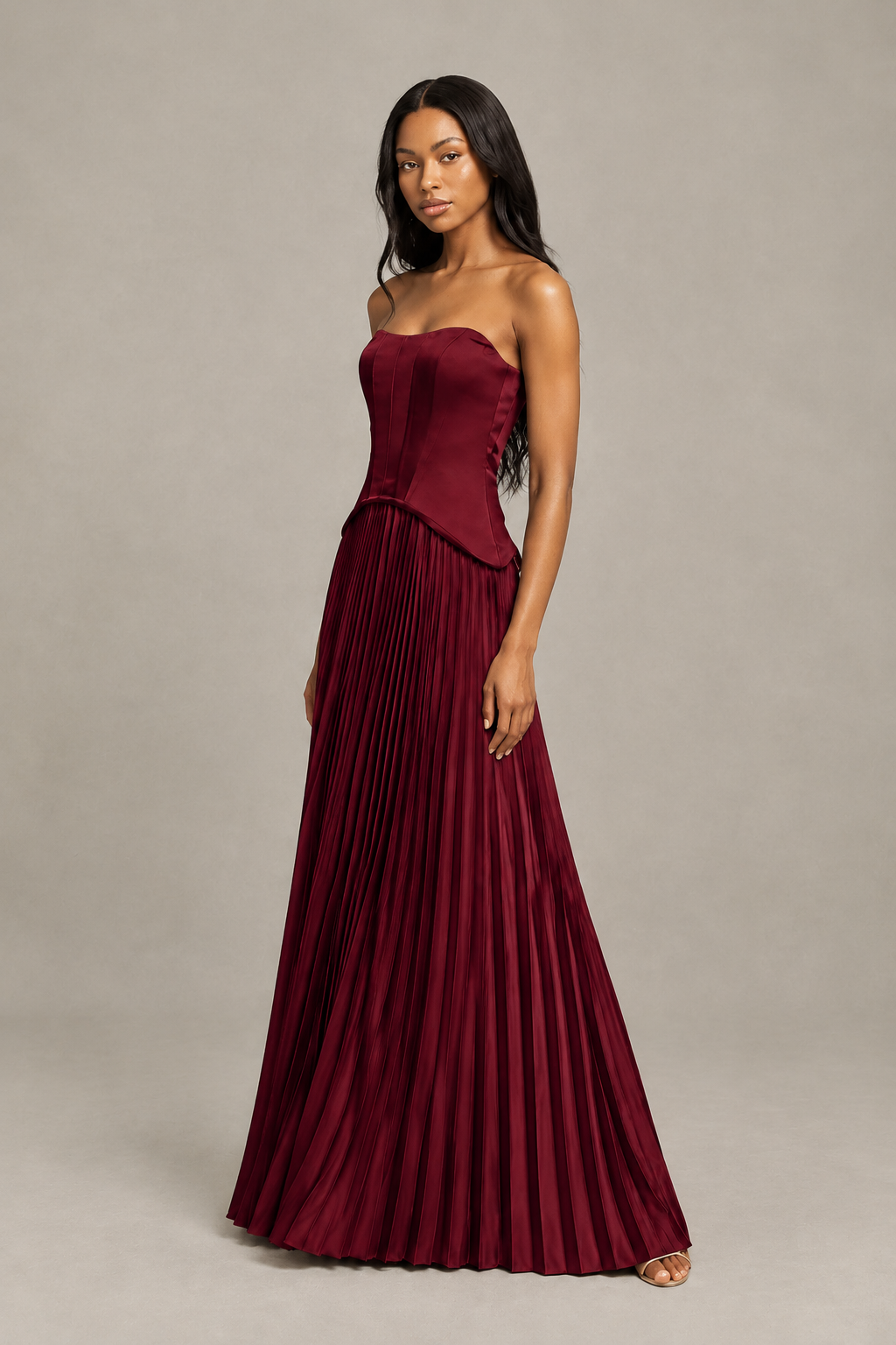 BOLODOO Burgundy Strapless Pleated Satin Evening Prom Dress - Burgundy