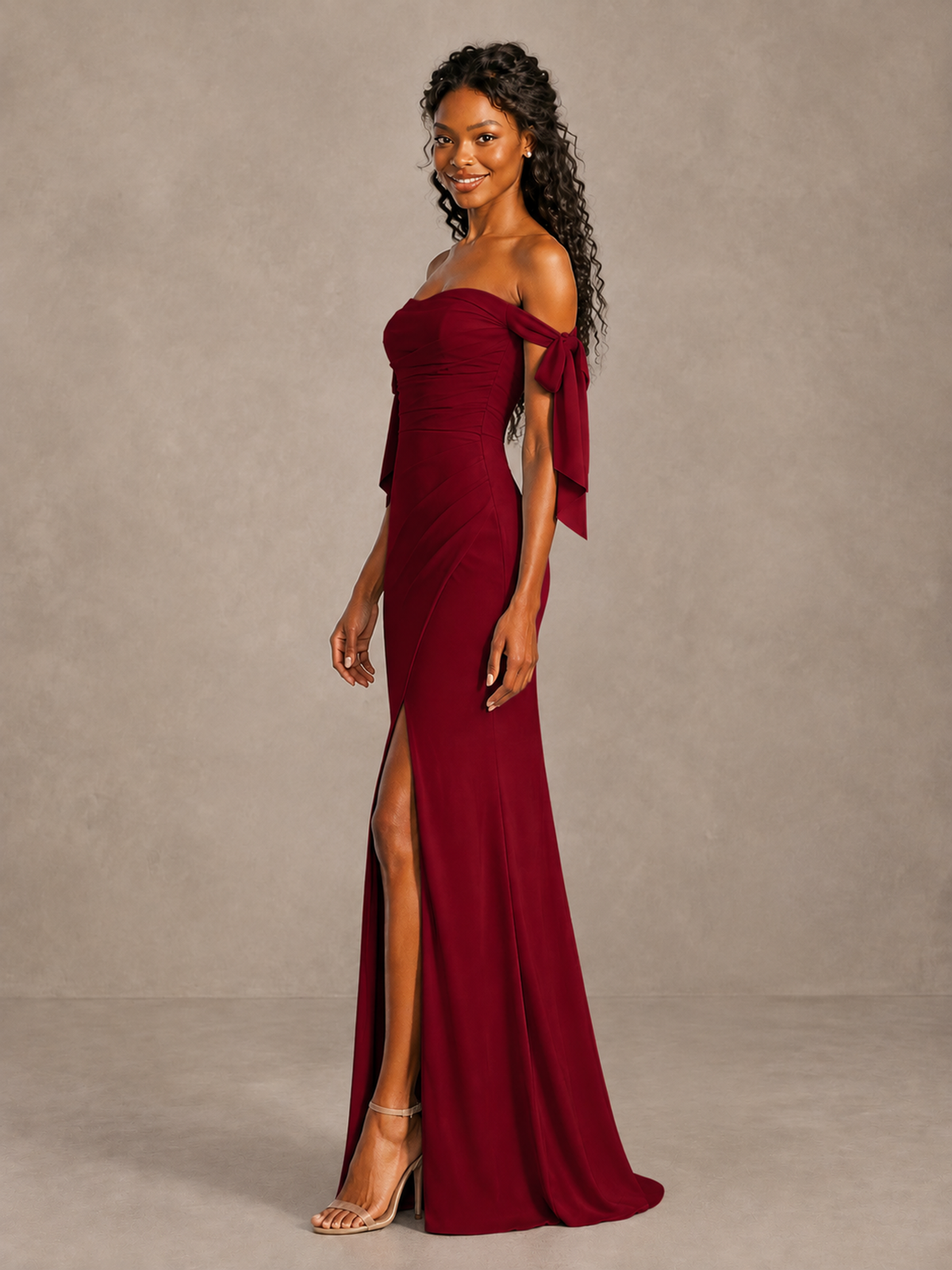 Burgundy Off-Shoulder Bow Bridesmaid Dress with Slit - Burgundy - Burgundy (3)