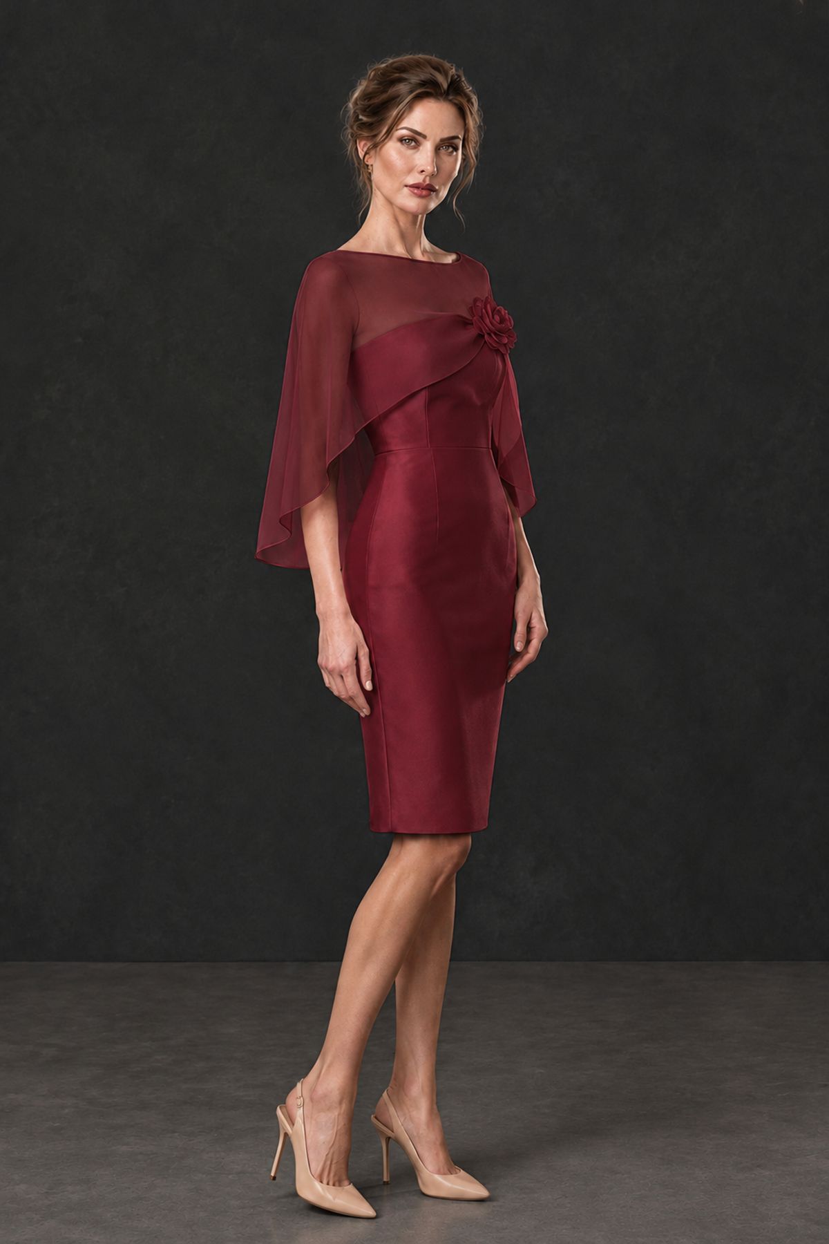 BOLODOO Burgundy Cape Knee-Length Mother of the Bride Dress - Burgundy - Burgundy (3)