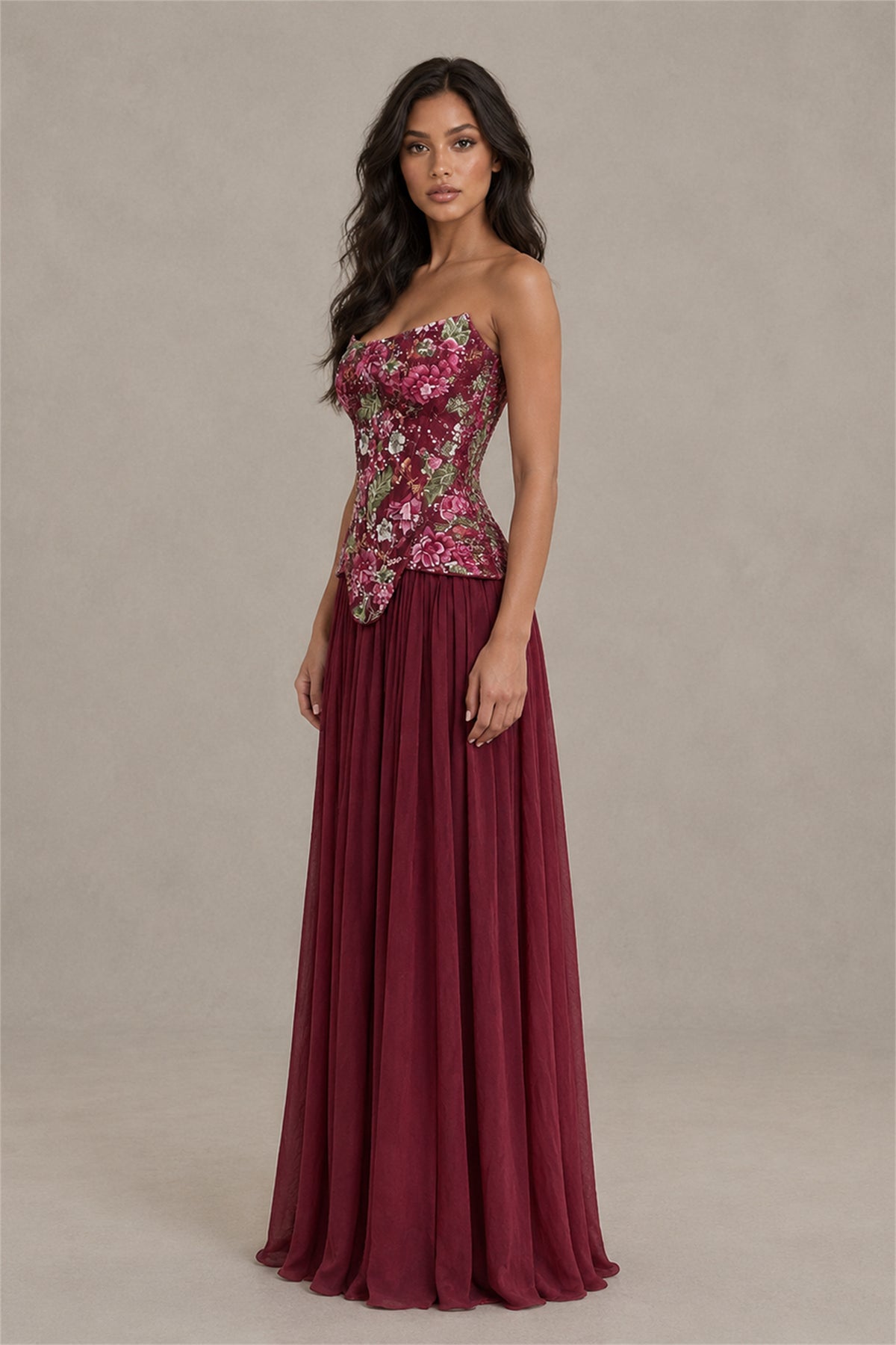 BOLODOO Burgundy Strapless Floral Beaded Chiffon Maxi Dress - Burgundy