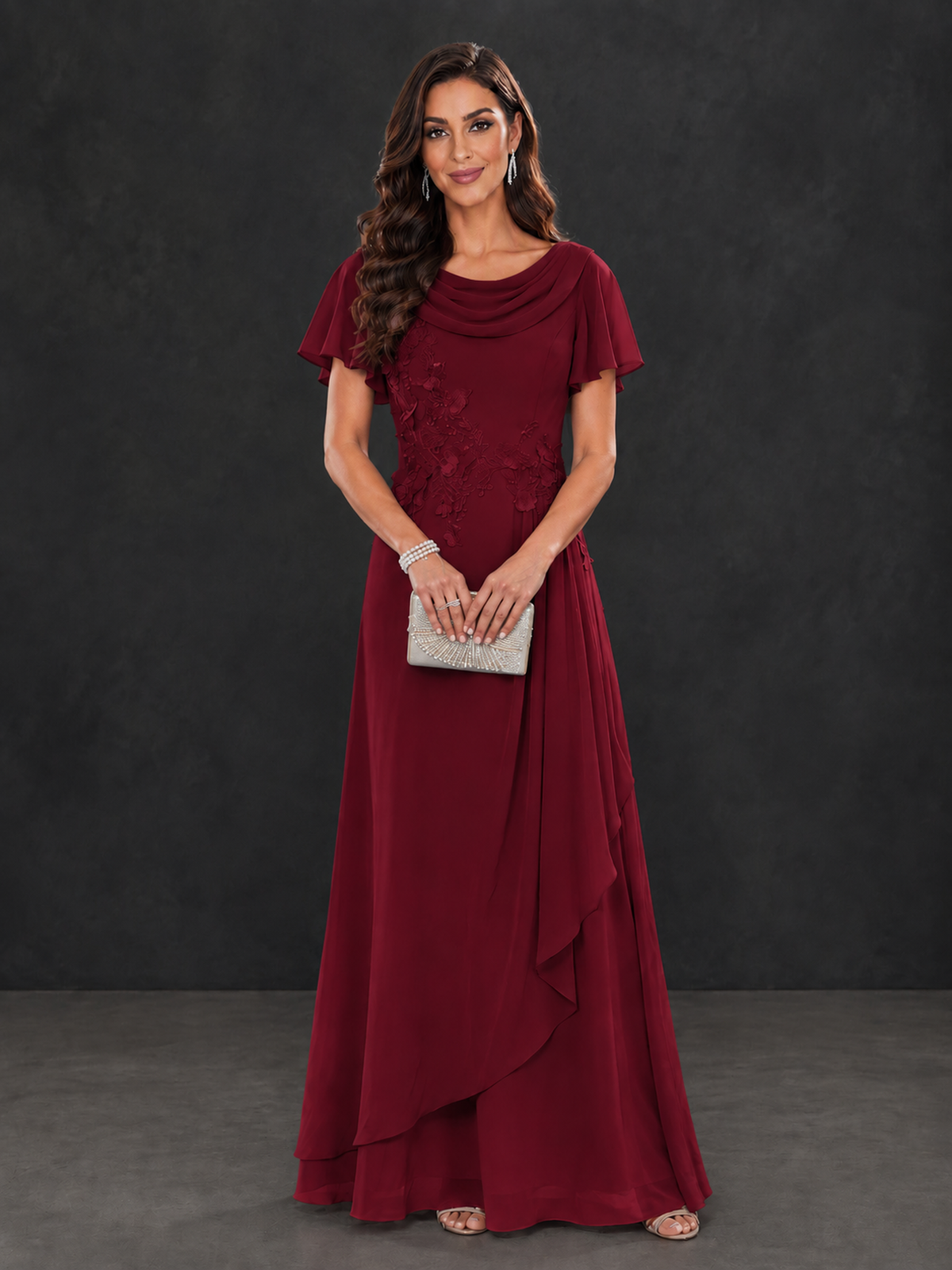 BOLODOO Burgundy Floral Flutter Sleeve Mother of the Bride Dress - Burgundy