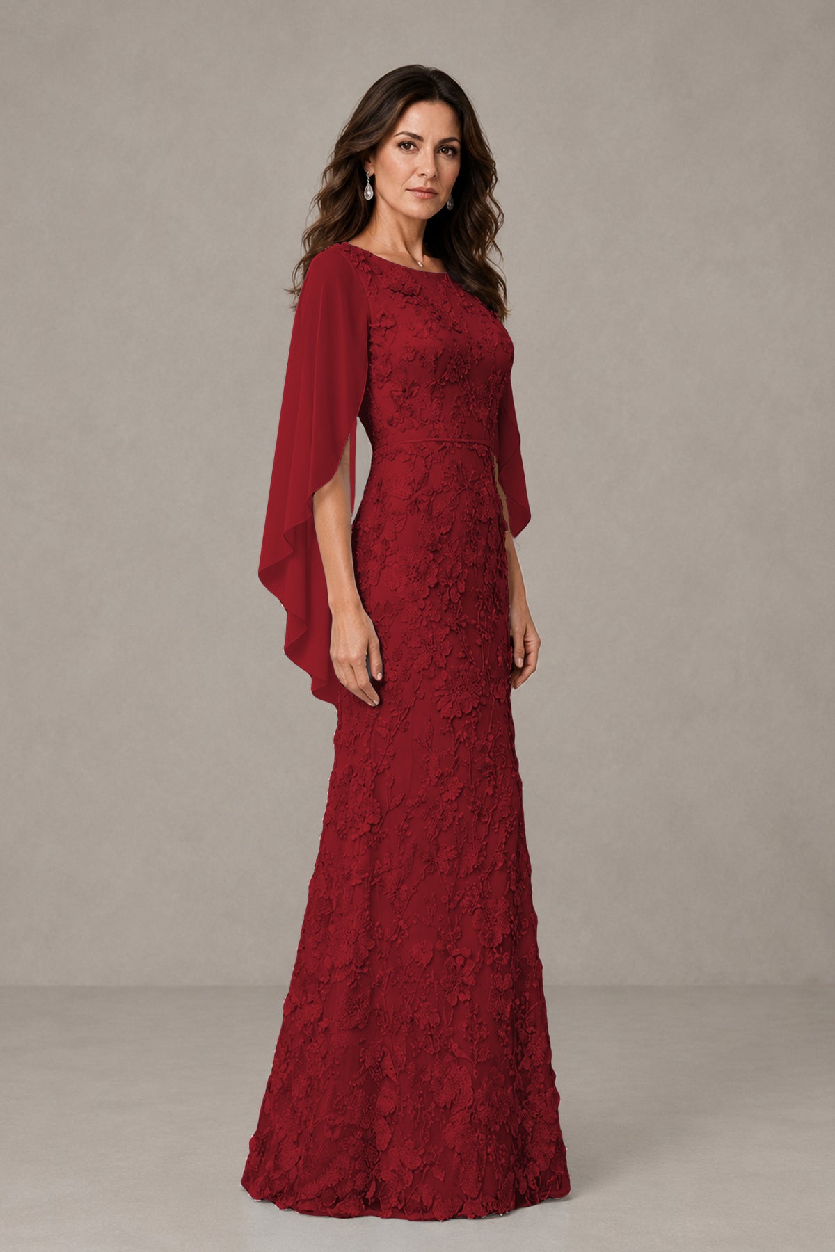 BOLODOO Burgundy Lace Mother of the Bride Dress with Cape Sleeves - Burgundy