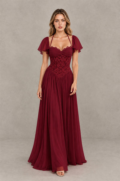BOLODOO Burgundy Flutter Sleeve Lace Corset A-Line Maxi Dress - Burgundy - Burgundy (3)