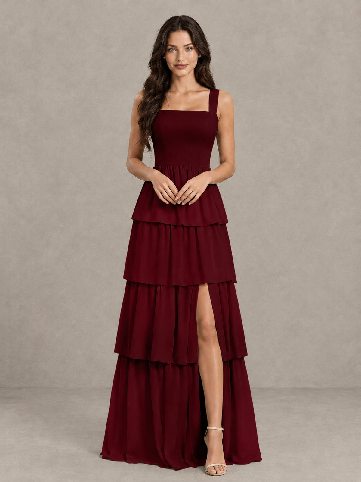 BOLODOO Burgundy Square Neck Tiered Bridesmaid Dress with Slit - Burgundy - Burgundy (4)