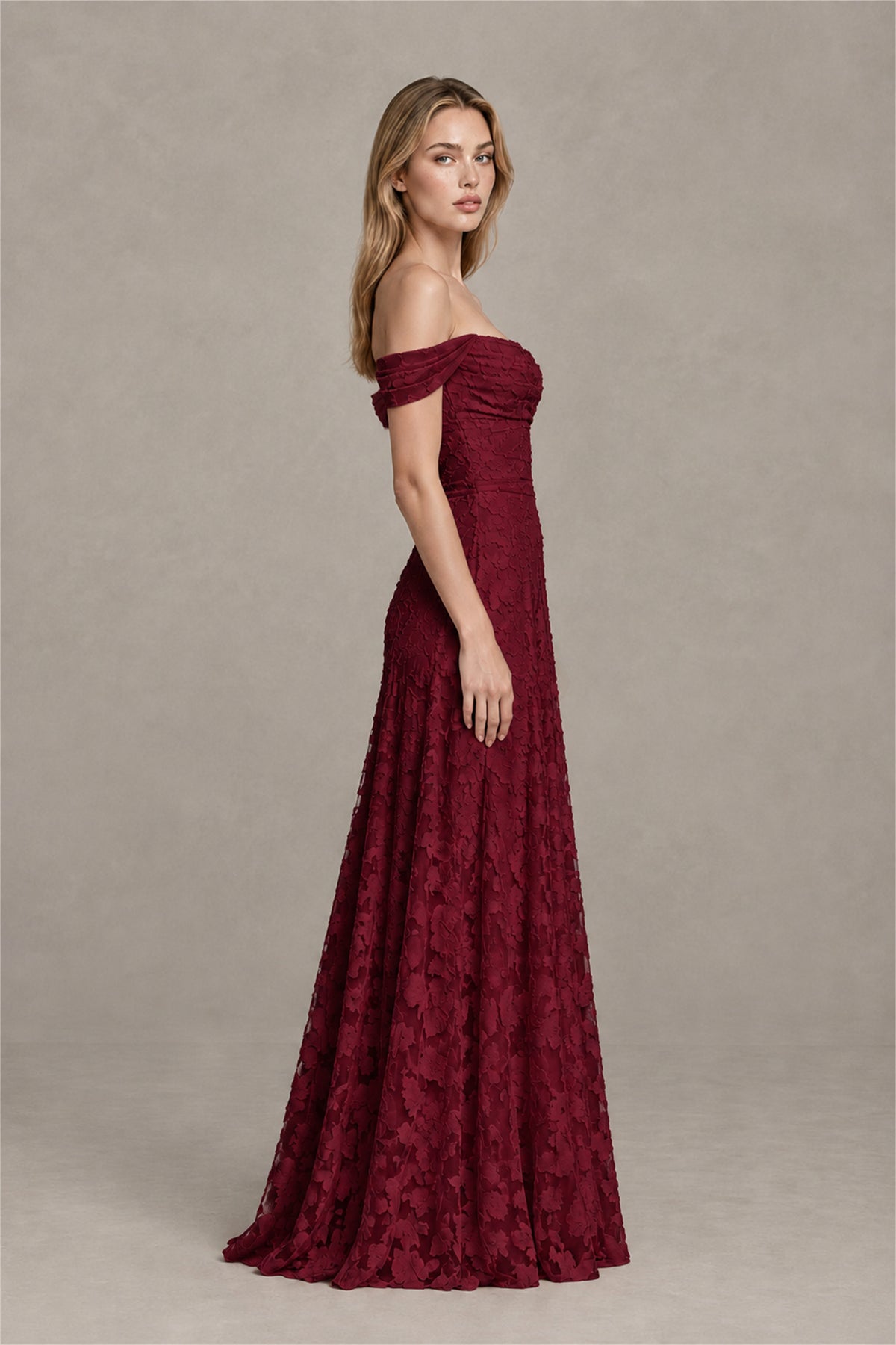 BOLODOO Burgundy Off-Shoulder Pleated A-Line Maxi Dress Floral - Burgundy