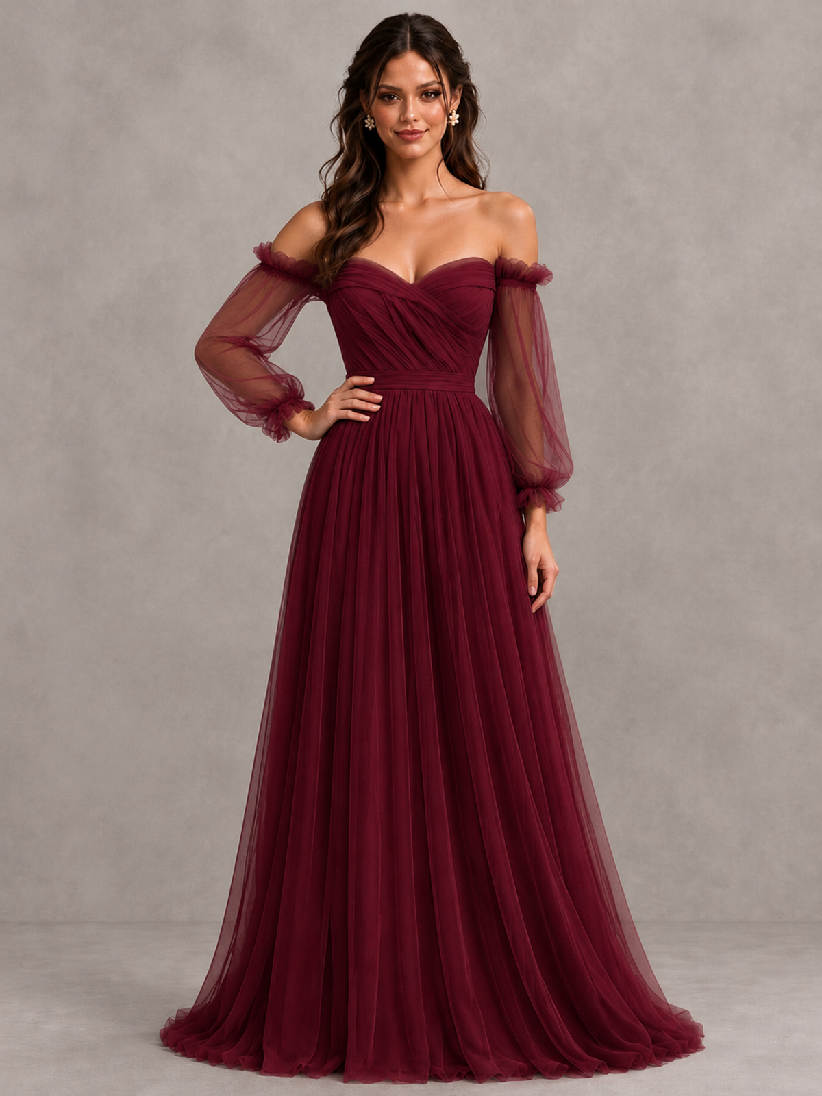 BOLODOO Burgundy Off-the-Shoulder Long Sleeve A-Line Bridesmaid Dress - Burgundy - Burgundy (4)