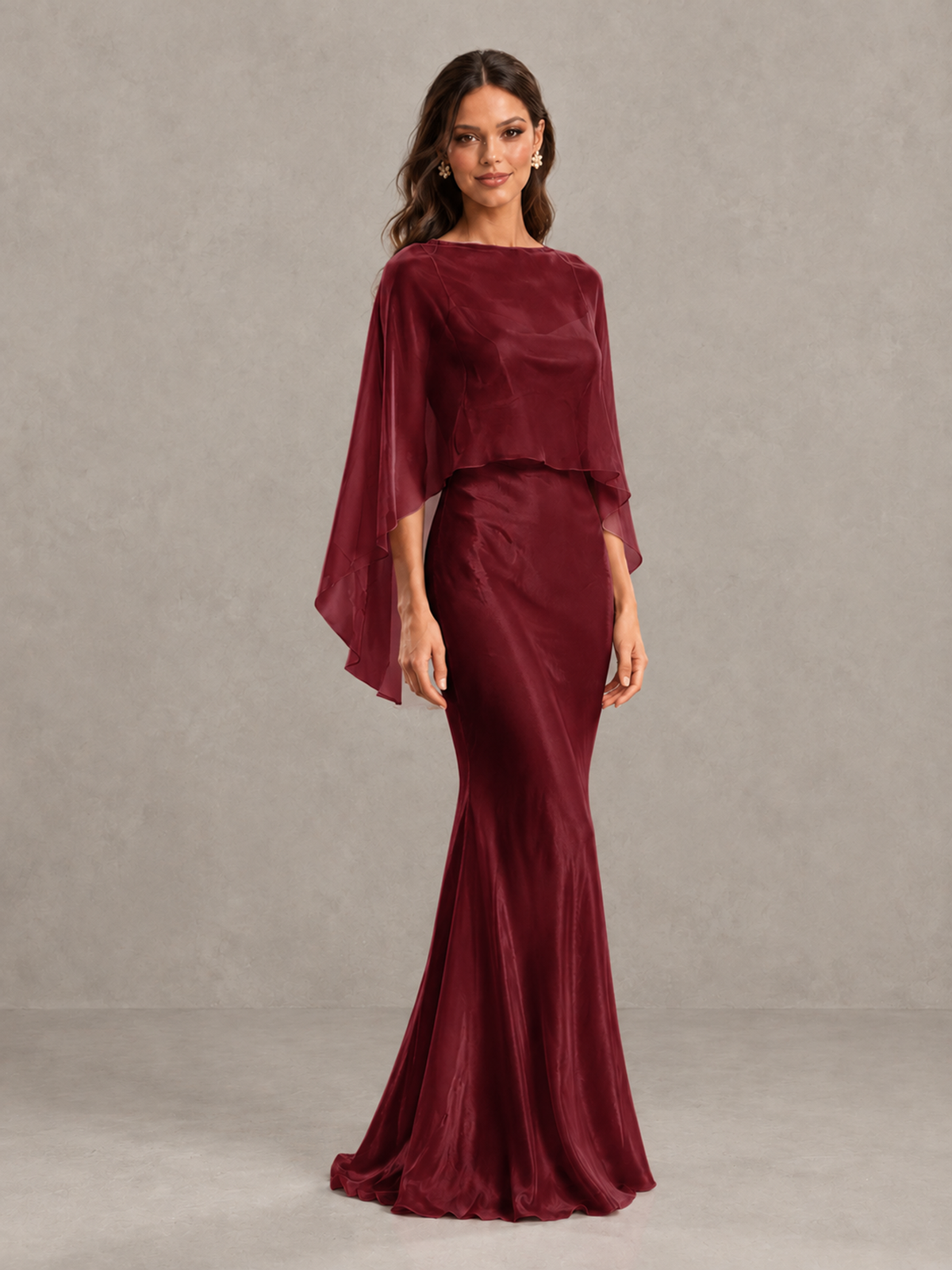 BOLODOO Burgundy Satin Mermaid Bridesmaid Dress with Chiffon Cape - Burgundy - Burgundy (4)