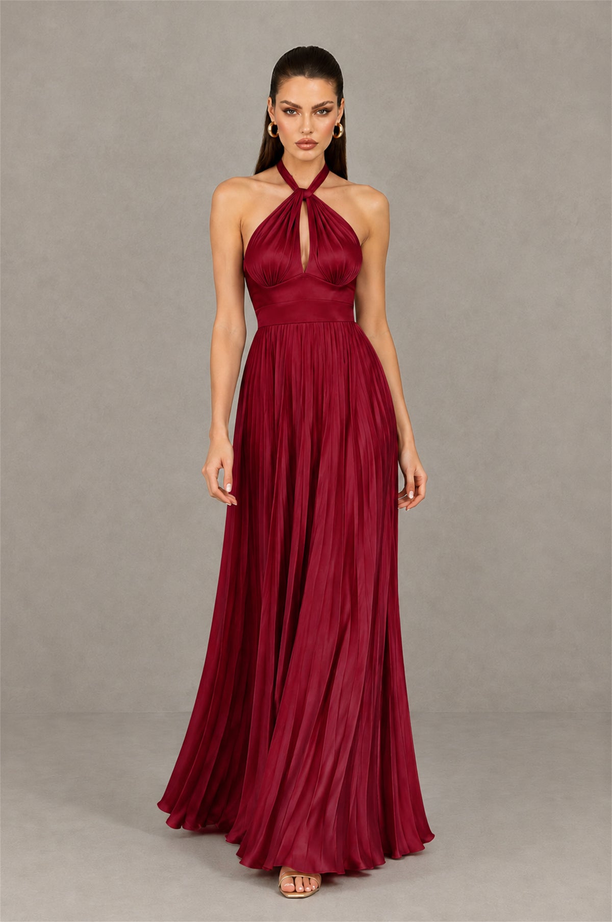 BOLODOO Burgundy Halter Pleated A-Line Evening Dress - Burgundy