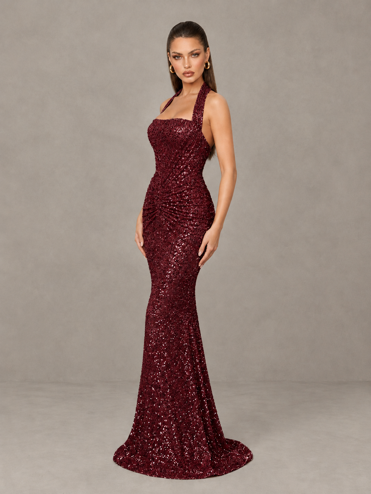 BOLODOO Burgundy Sequin Halter Mermaid Evening Gown - Burgundy - Burgundy (4)