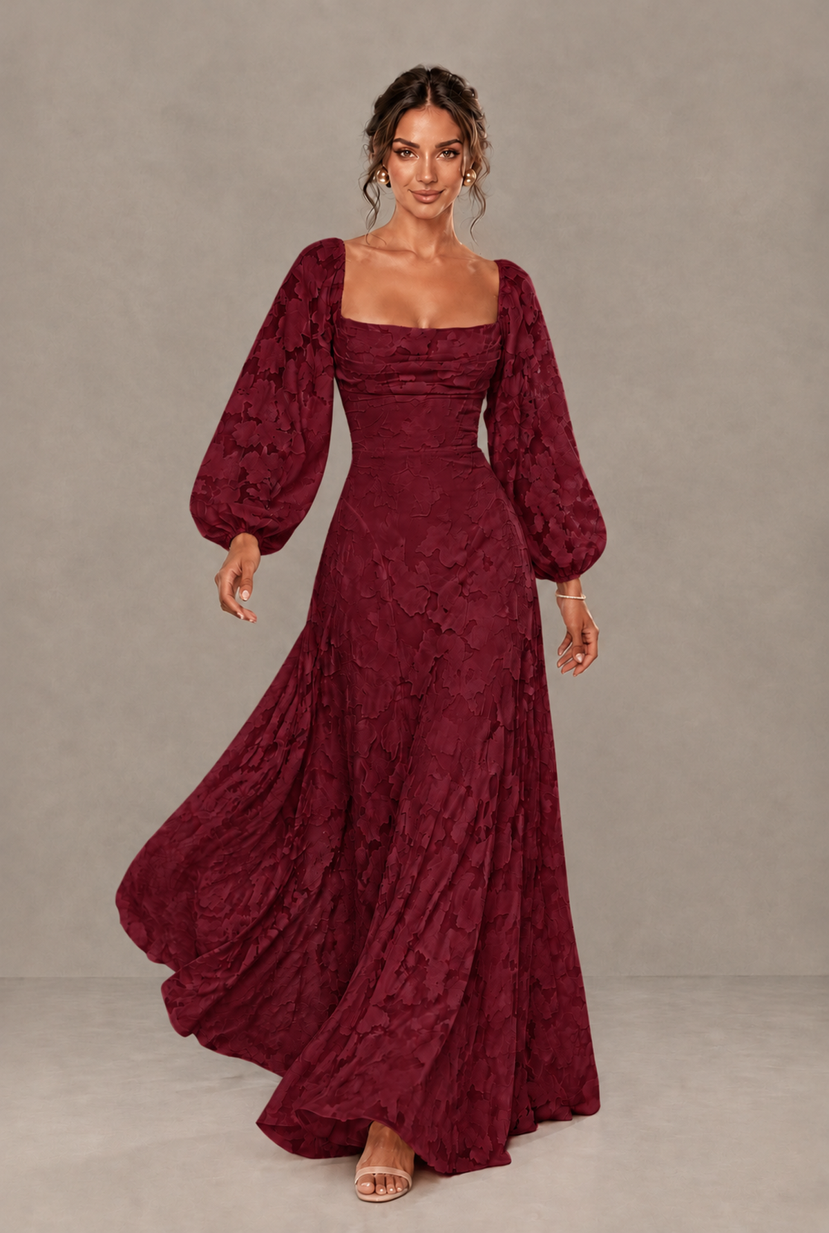 BOLODOO Floral Burgundy Long Sleeve A-Line Dress with Lace-Up Back - Burgundy