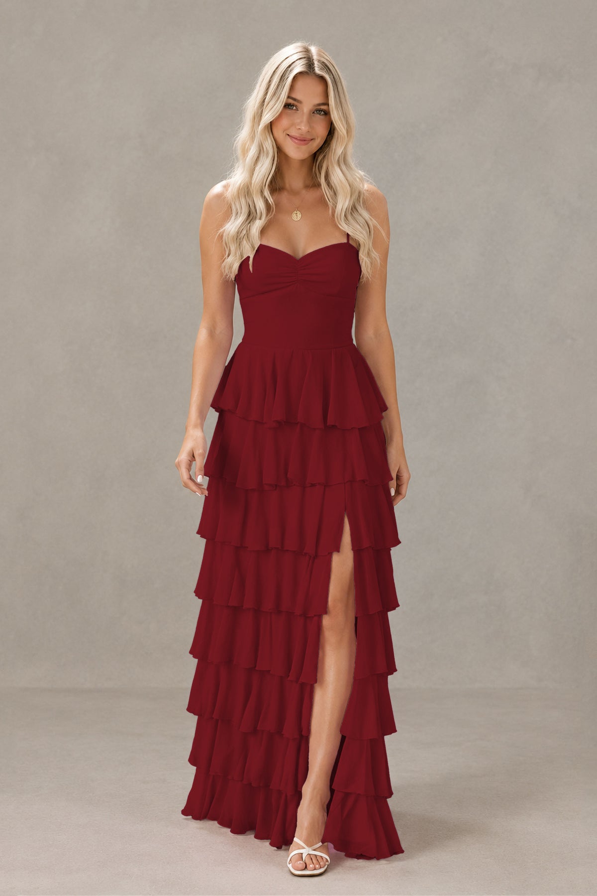 BOLODOO Burgundy Strapless Tiered Ruffle Maxi Dress with Slit & Lace-Up Back - Burgundy