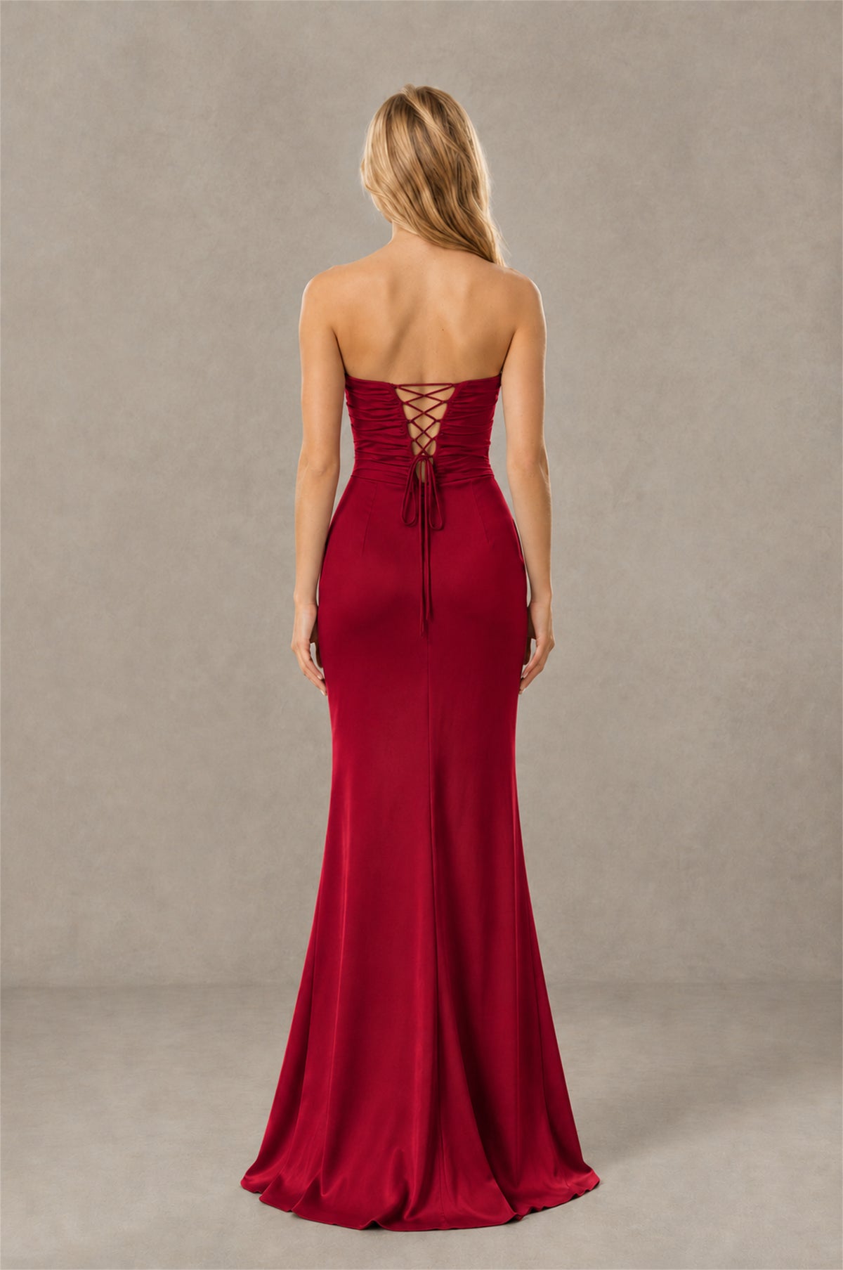 BOLODOO Burgundy Sweetheart Strapless Twist Knot Cutout Lace-Up Back Satin Mermaid Maxi Dress - Burgundy - Burgundy (4)