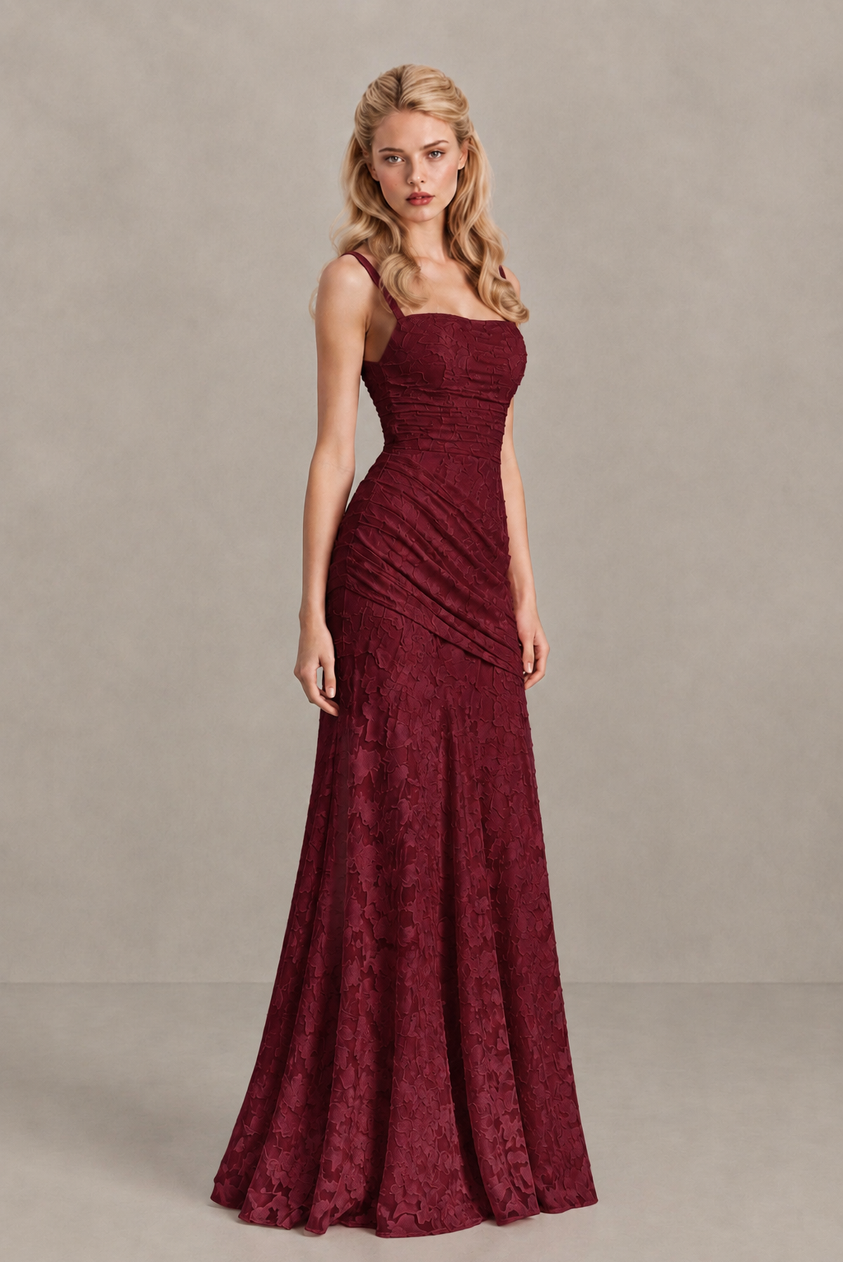 BOLODOO Burgundy Ruched Floral Maxi Dress with Lace-Up Back - Burgundy