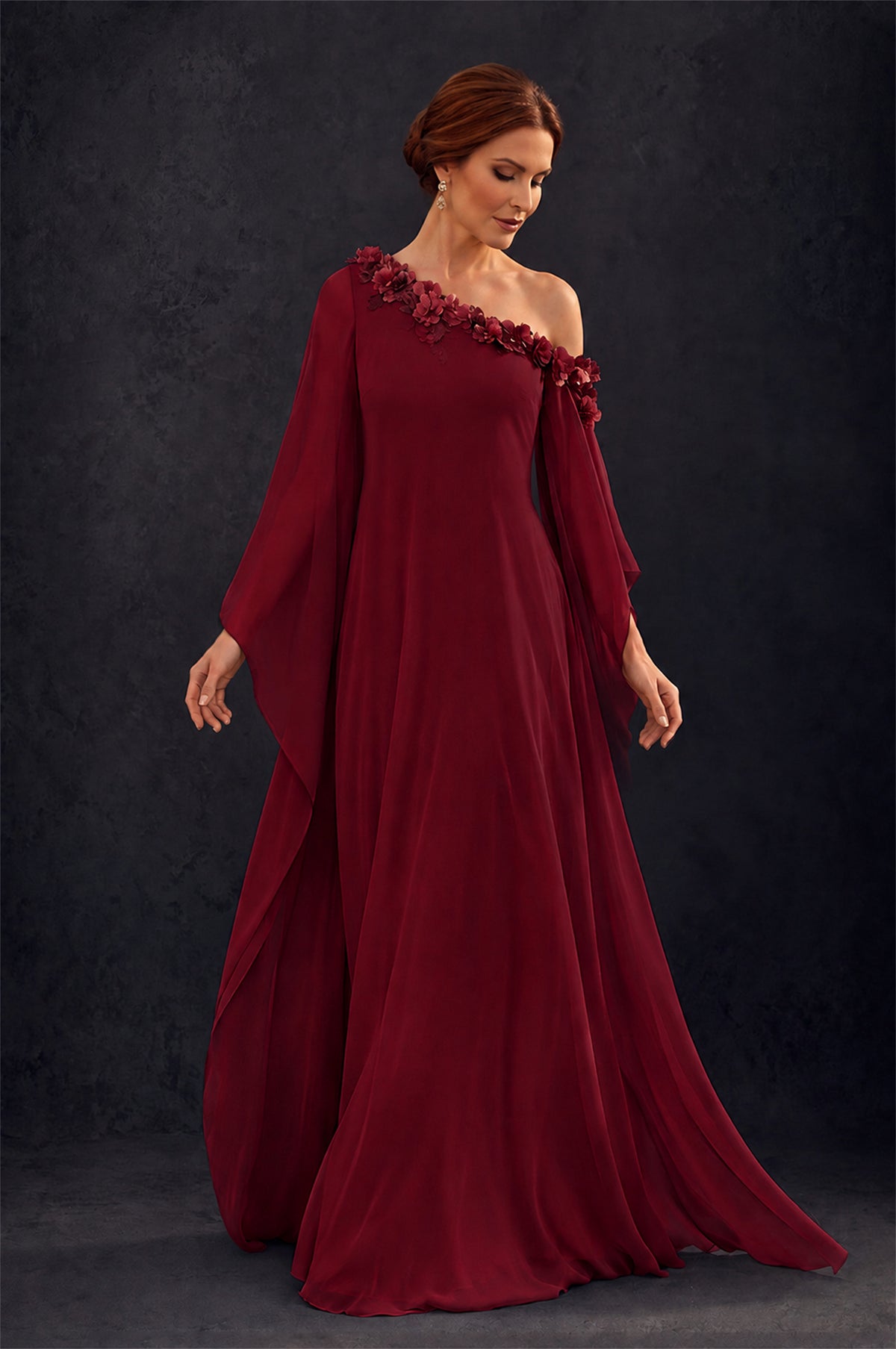 BOLODOO Burgundy 2-Piece Set: Off-Shoulder 3D Floral Cape Gown & One-Shoulder Wide-Leg Jumpsuit | BD0373 - Burgundy