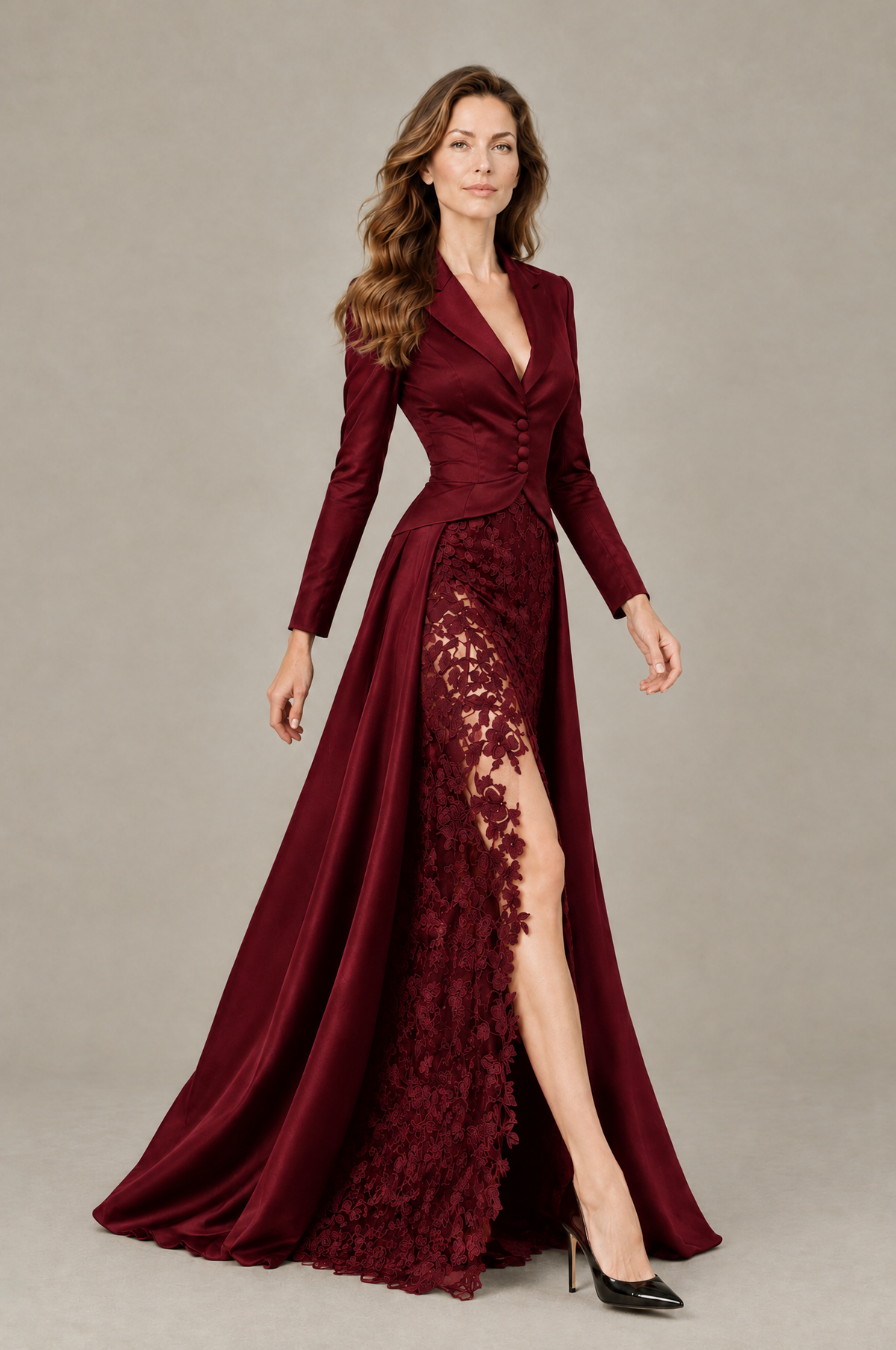BOLODOO Burgundy Long Sleeve Lace Blazer Gown with High Slit - Burgundy - Burgundy (4)