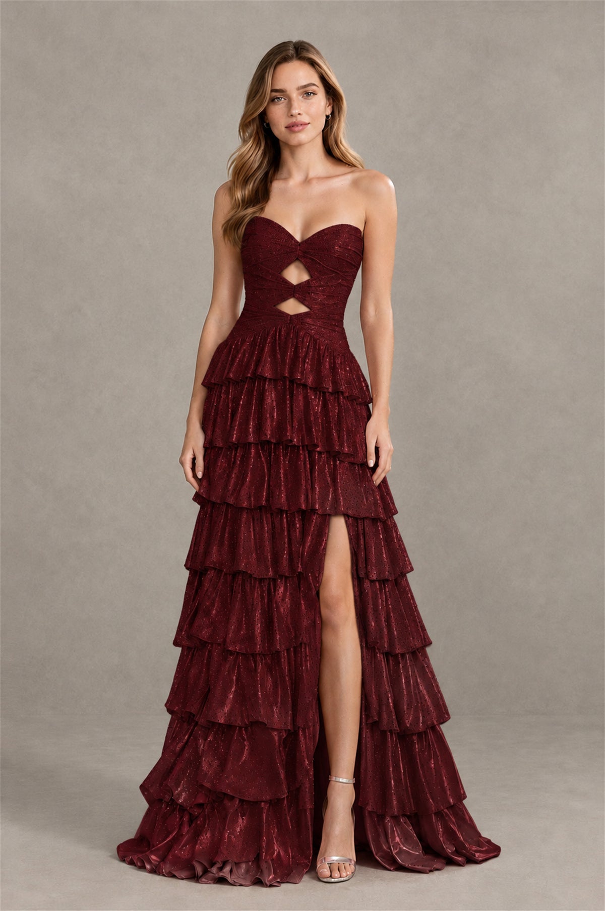 BOLODOO Burgundy Strapless Cutout Tiered Ruffle Prom Dress with High Slit - Burgundy - Burgundy (4)