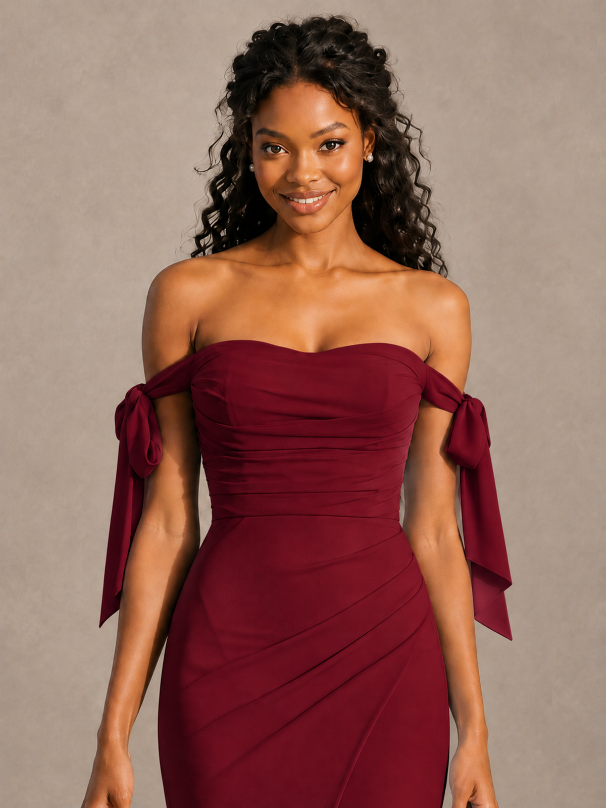 Burgundy Off-Shoulder Bow Bridesmaid Dress with Slit - Burgundy - Burgundy (4)