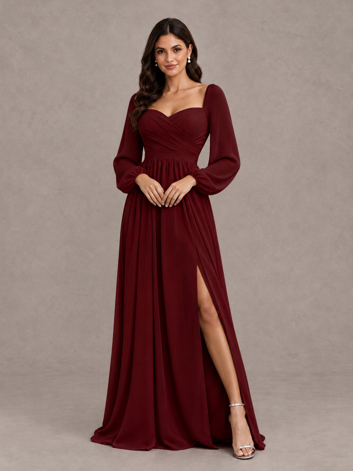 BOLODOO Burgundy Long Sleeve Chiffon Bridesmaid Dress with Slit - Burgundy - Burgundy (4)