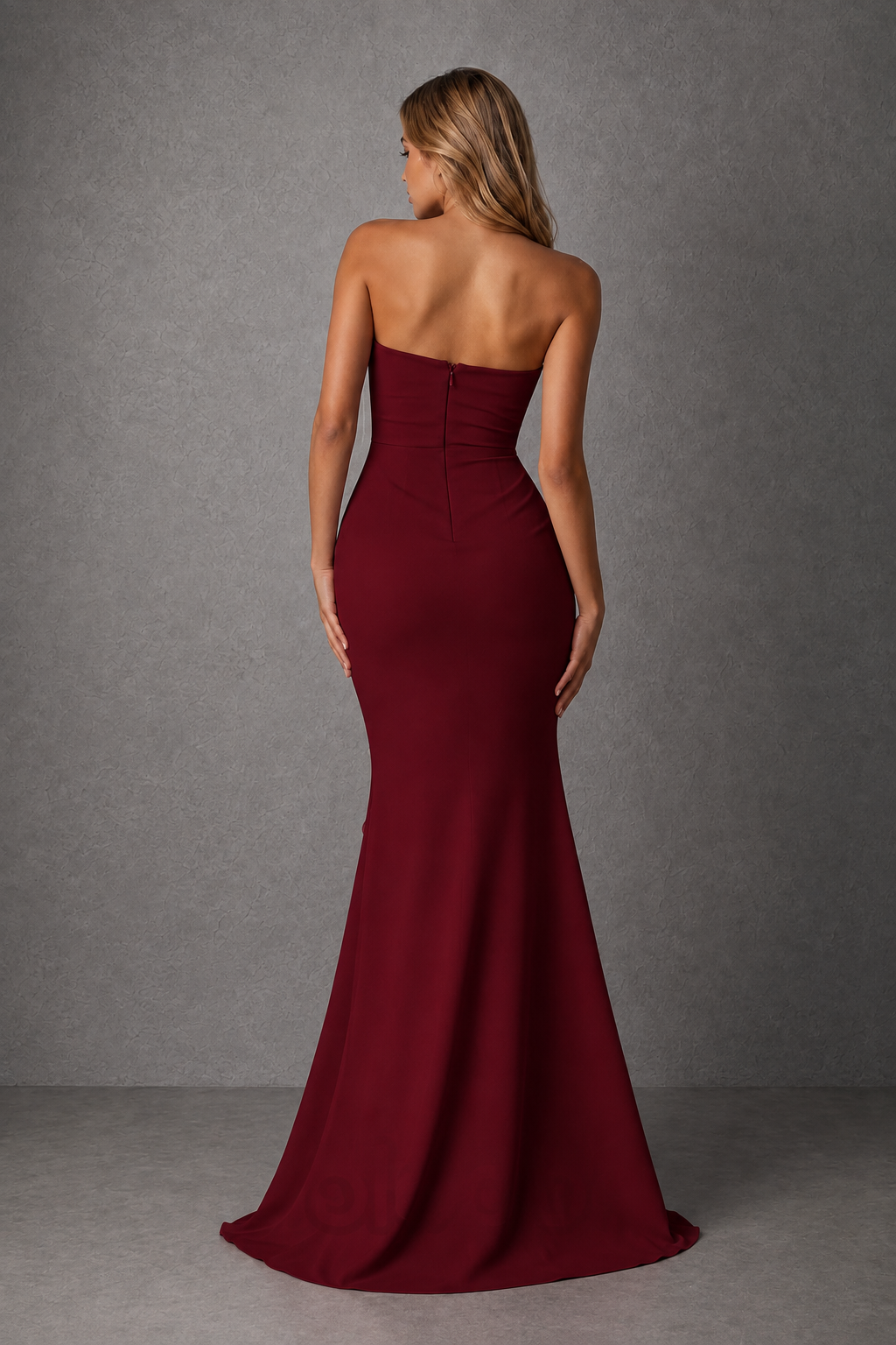 BOLODOO Burgundy Strapless Sweetheart Ruched Mermaid Gown | Cascade Drape Formal Evening Dress - Burgundy