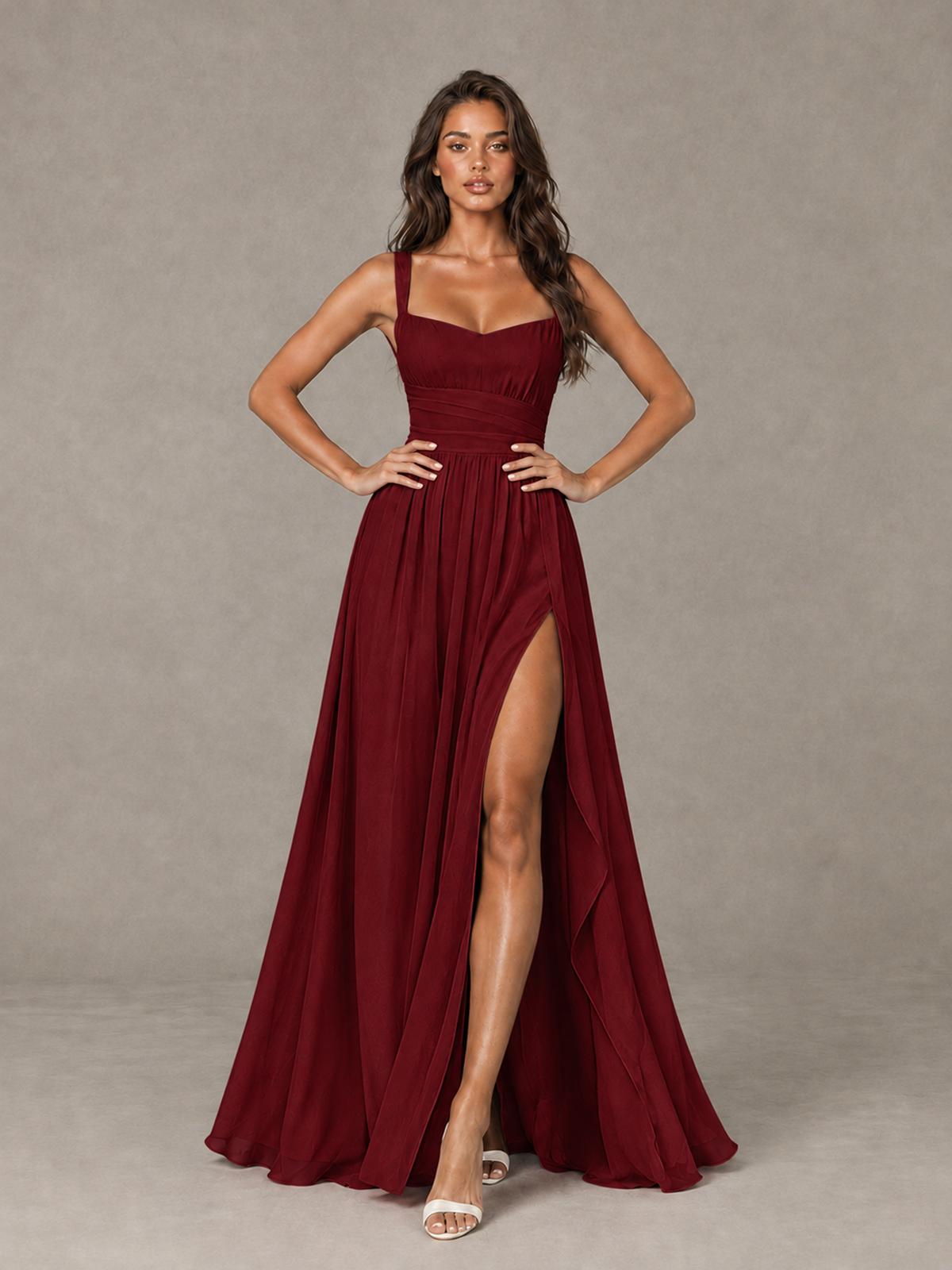 BOLODOO Burgundy A-Line Bridesmaid Dress with High Slit & Lace-Up Back - Burgundy - Burgundy (4)