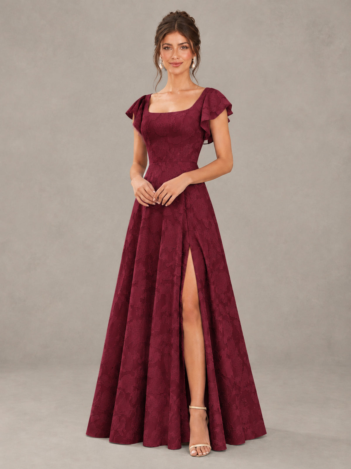 BOLODOO Burgundy Floral Flutter Sleeve Bridesmaid Dress with Slit - Burgundy - Burgundy (4)