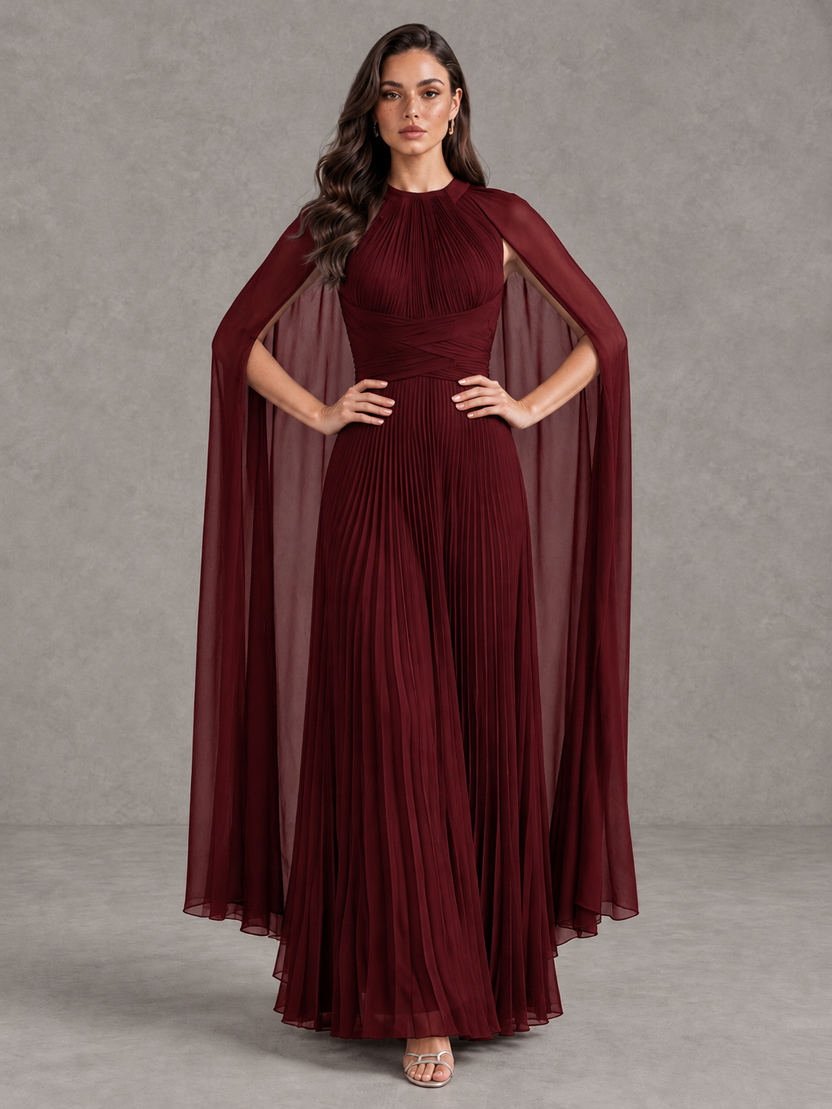 BOLODOO Burgundy Pleated Cape Maxi Wedding Guest Dress - Burgundy - Burgundy (4)