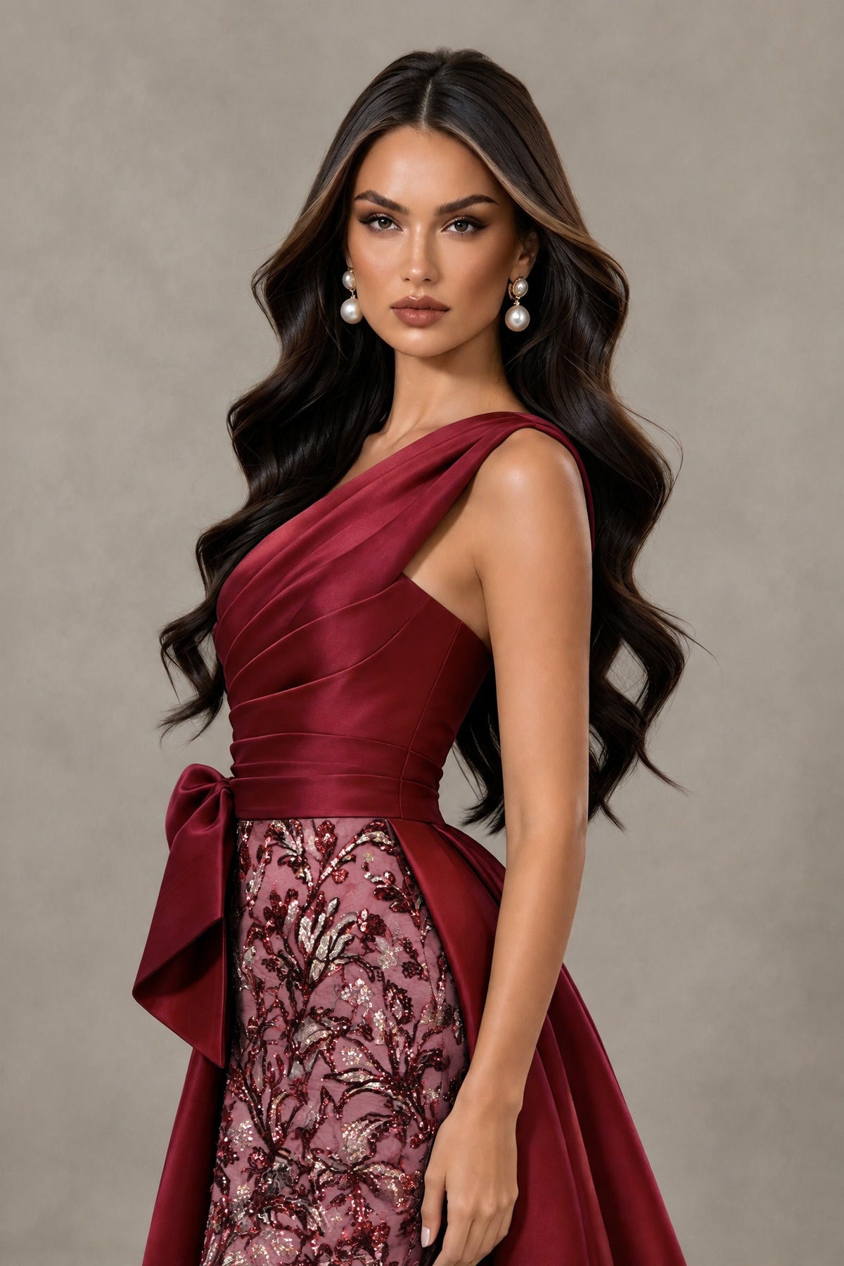 BOLODOO Burgundy One Shoulder Satin Mermaid Formal Evening Gown with Bow - Burgundy - Burgundy (4)