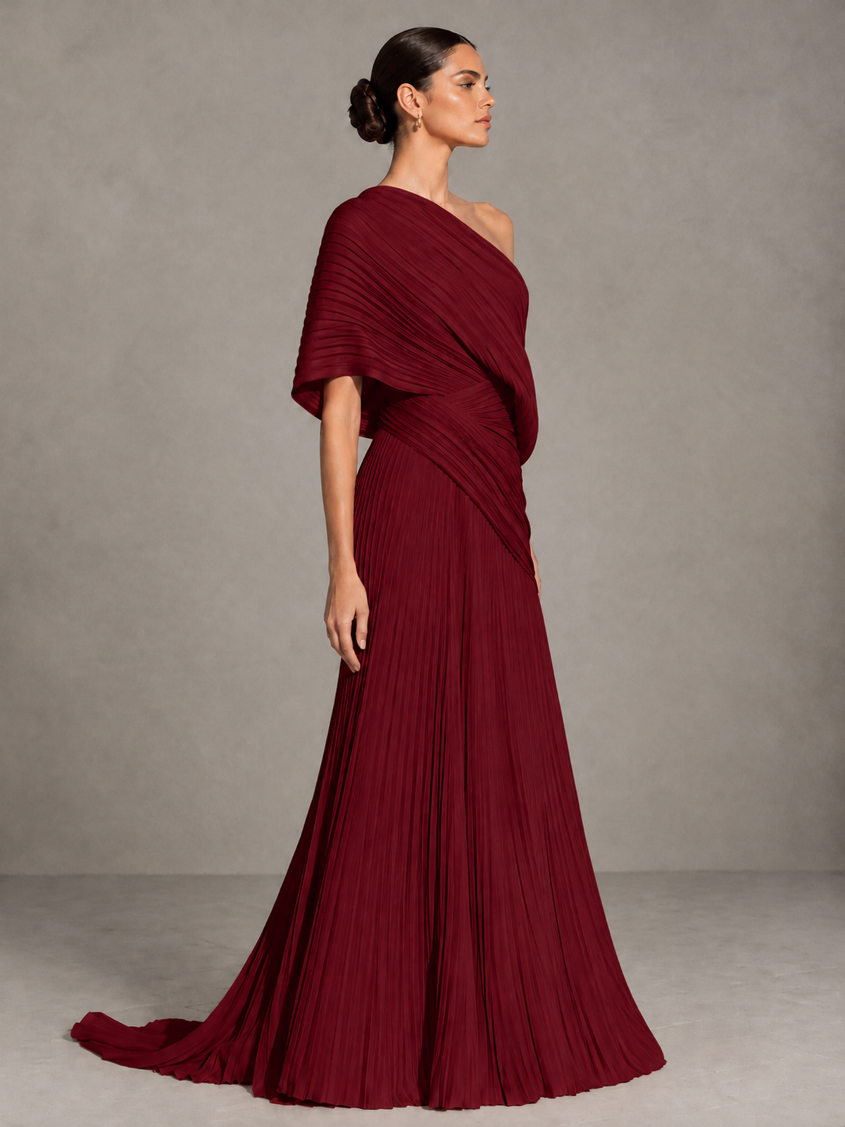 BOLODOO Burgundy One-Shoulder Pleated Cape Evening Gown with Train - Burgundy - Burgundy (4)