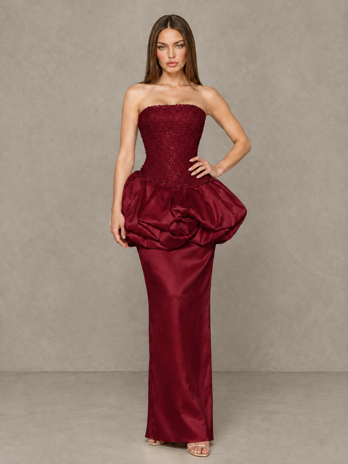 BOLODOO Burgundy Strapless Embellished Bubble Peplum Evening Dress - Burgundy - Burgundy (4)