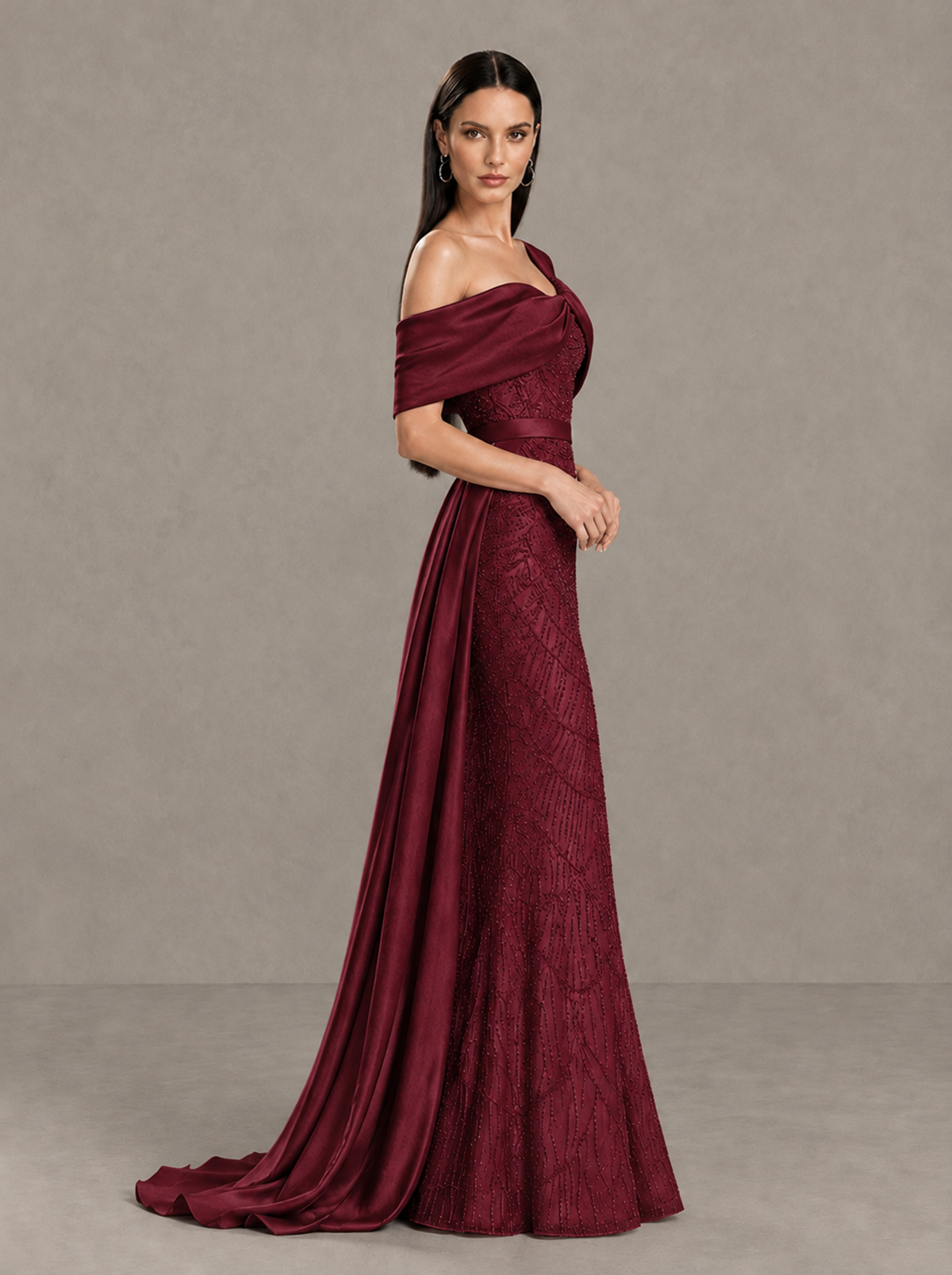 BOLODOO Burgundy Asymmetric Draped Mermaid Evening Gown with Train - Burgundy - Burgundy (4)