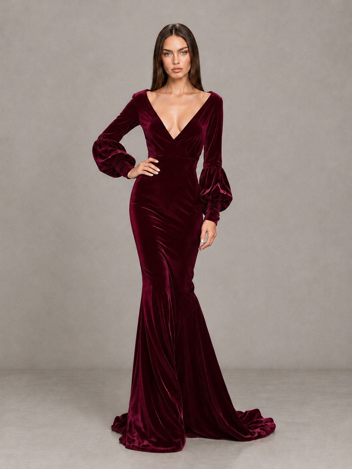 BOLODOO Burgundy Velvet V-Neck Long Sleeve Open Back Mermaid Evening Gown - Burgundy - Burgundy (4)