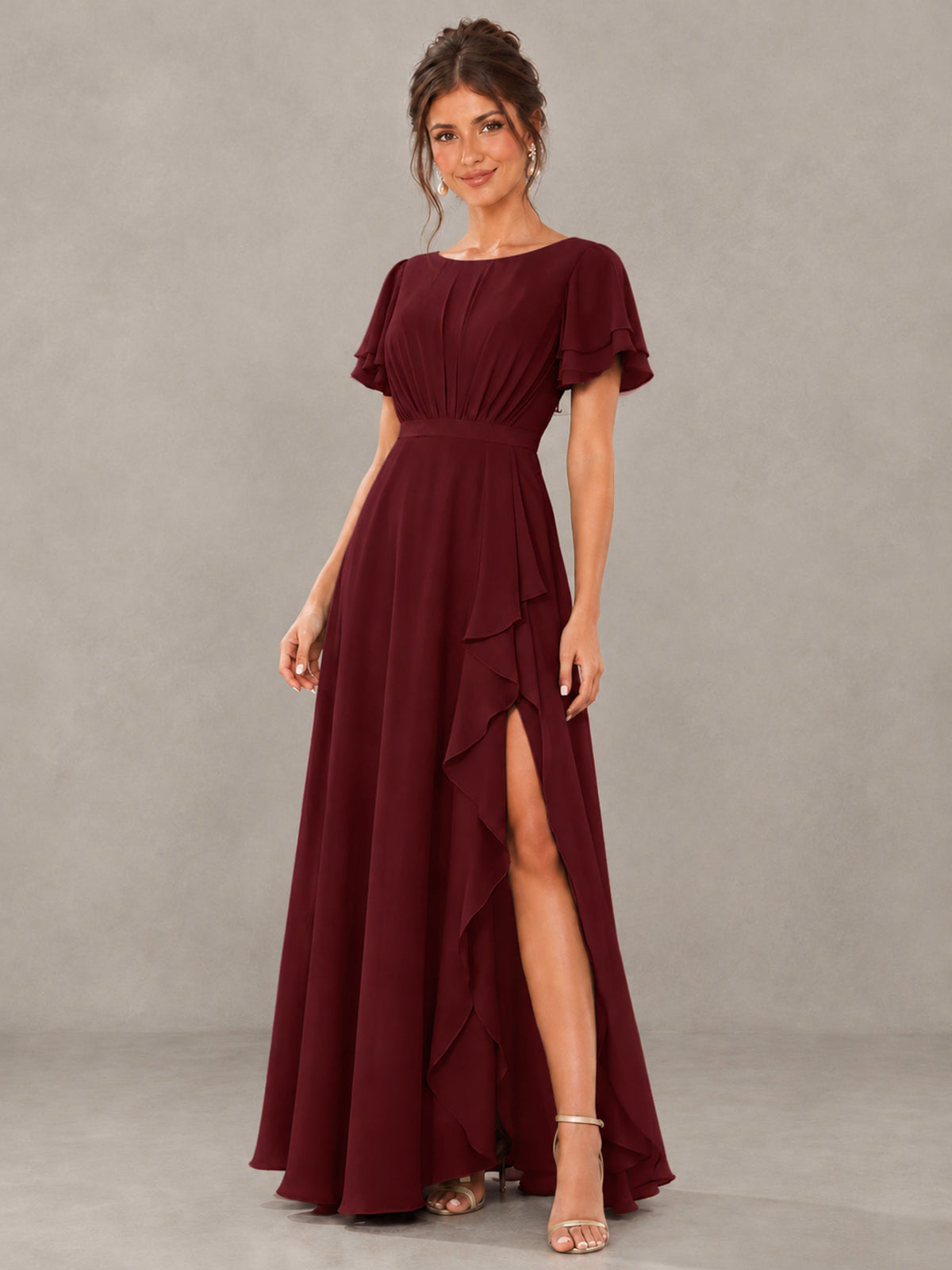 BOLODOO Burgundy Flutter Sleeve Ruffle Bridesmaid Dress with Slit - Burgundy - Burgundy (4)