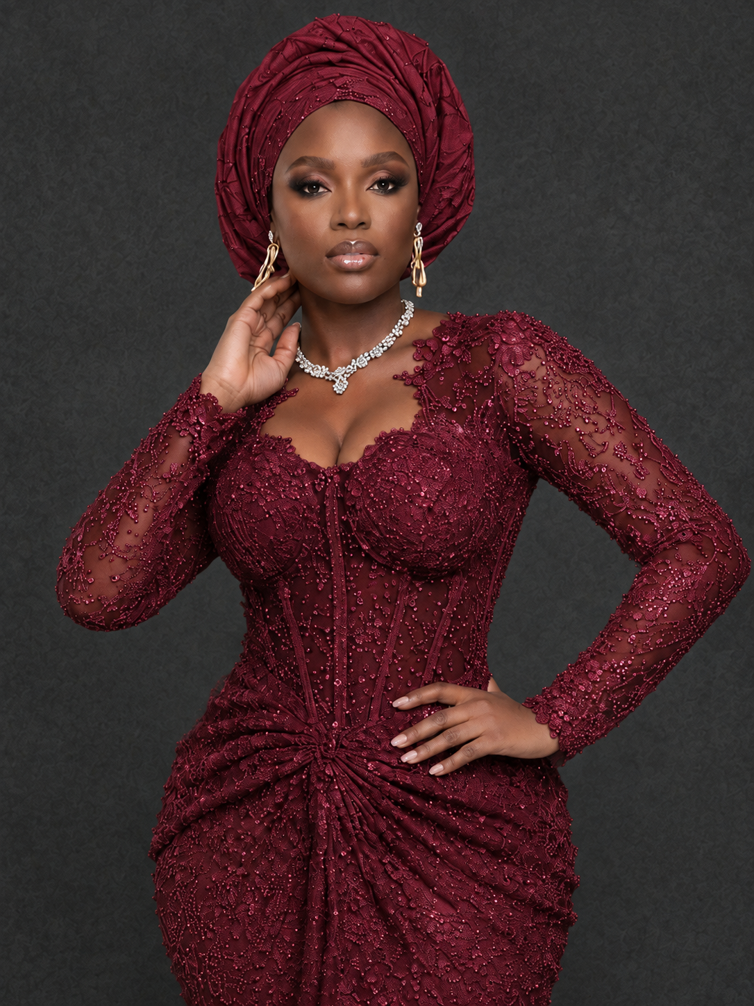 BOLODOO Burgundy Beaded Lace Long Sleeve Mermaid Gown Sweetheart | Mother of the Bride - Burgundy