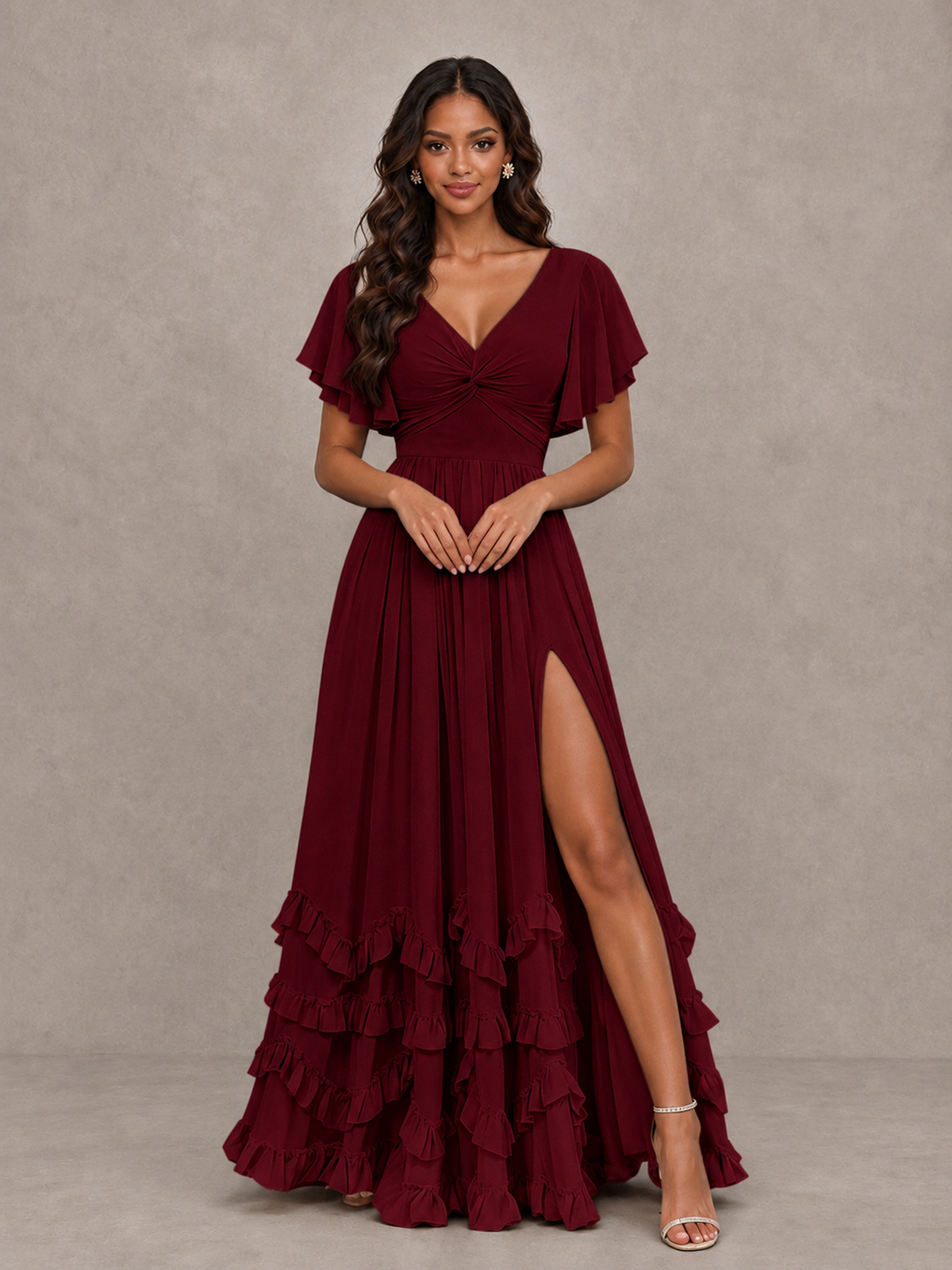 BOLODOO Burgundy V-Neck Flutter Sleeve Ruffle Bridesmaid Dress with Slit - Burgundy - Burgundy (4)