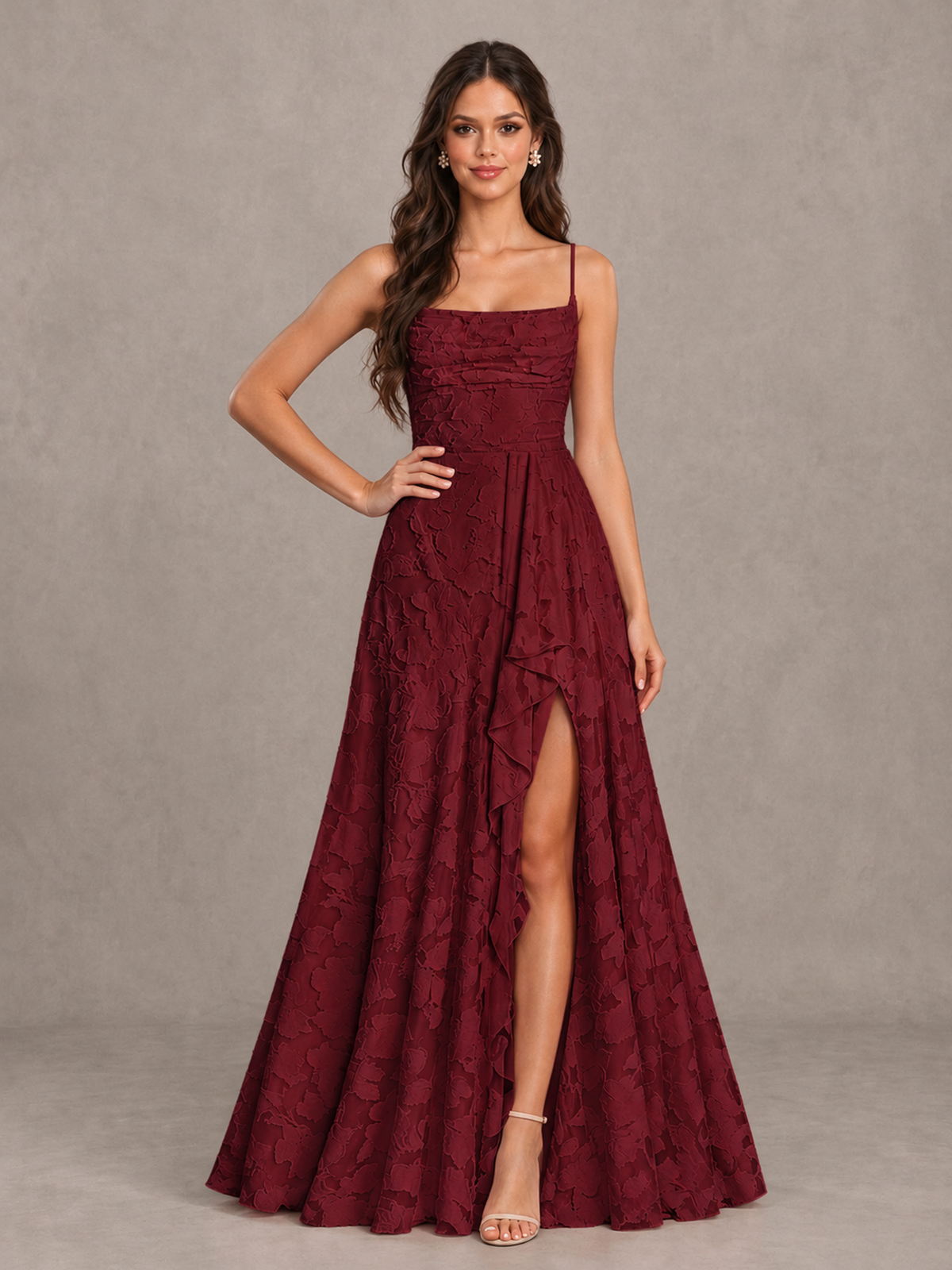 BOLODOO Burgundy Floral Appliqué Slit Maxi Dress - Burgundy - Burgundy (4)