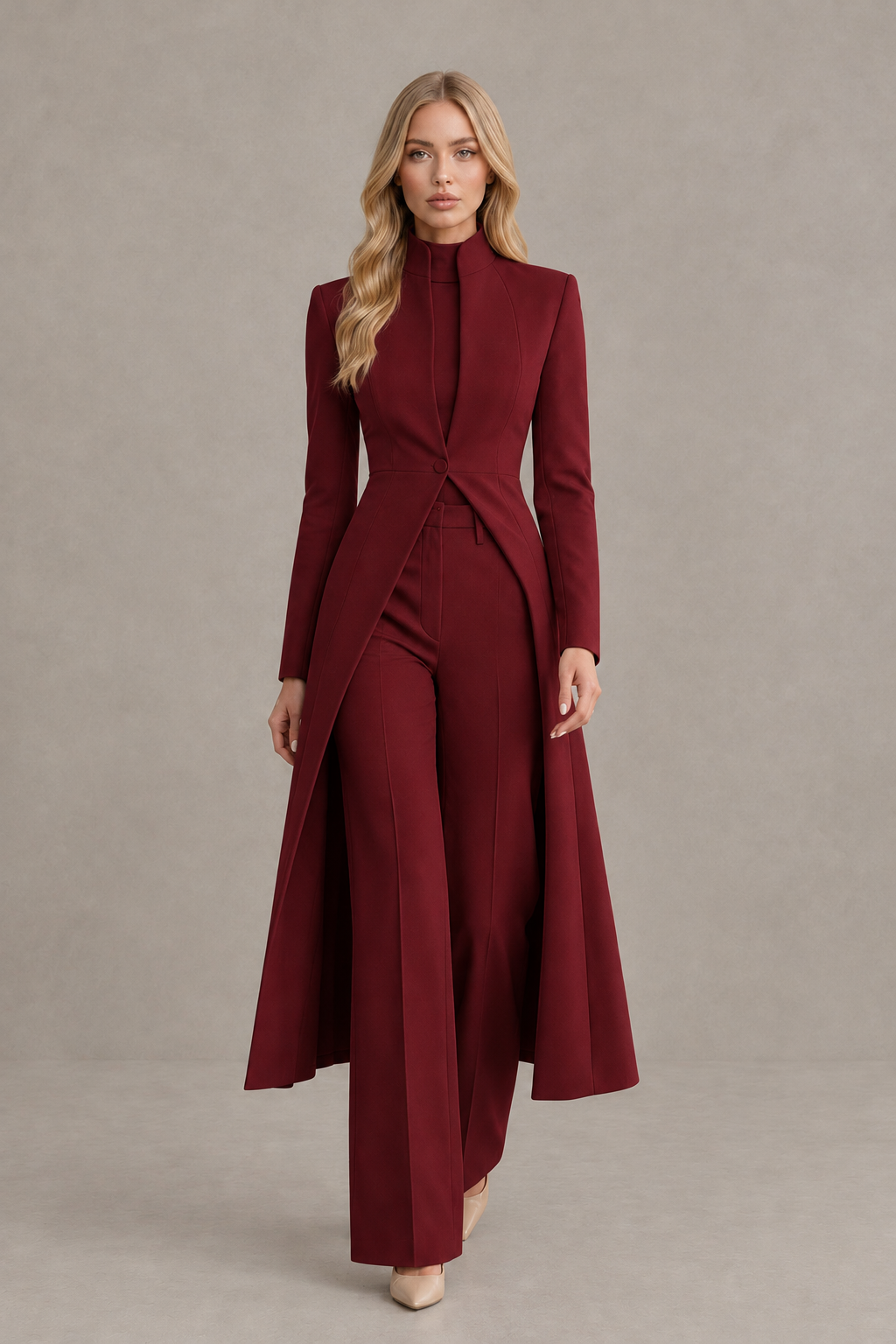 BOLODOO Burgundy Longline Jacket Wide-Leg Formal Pantsuit - Burgundy