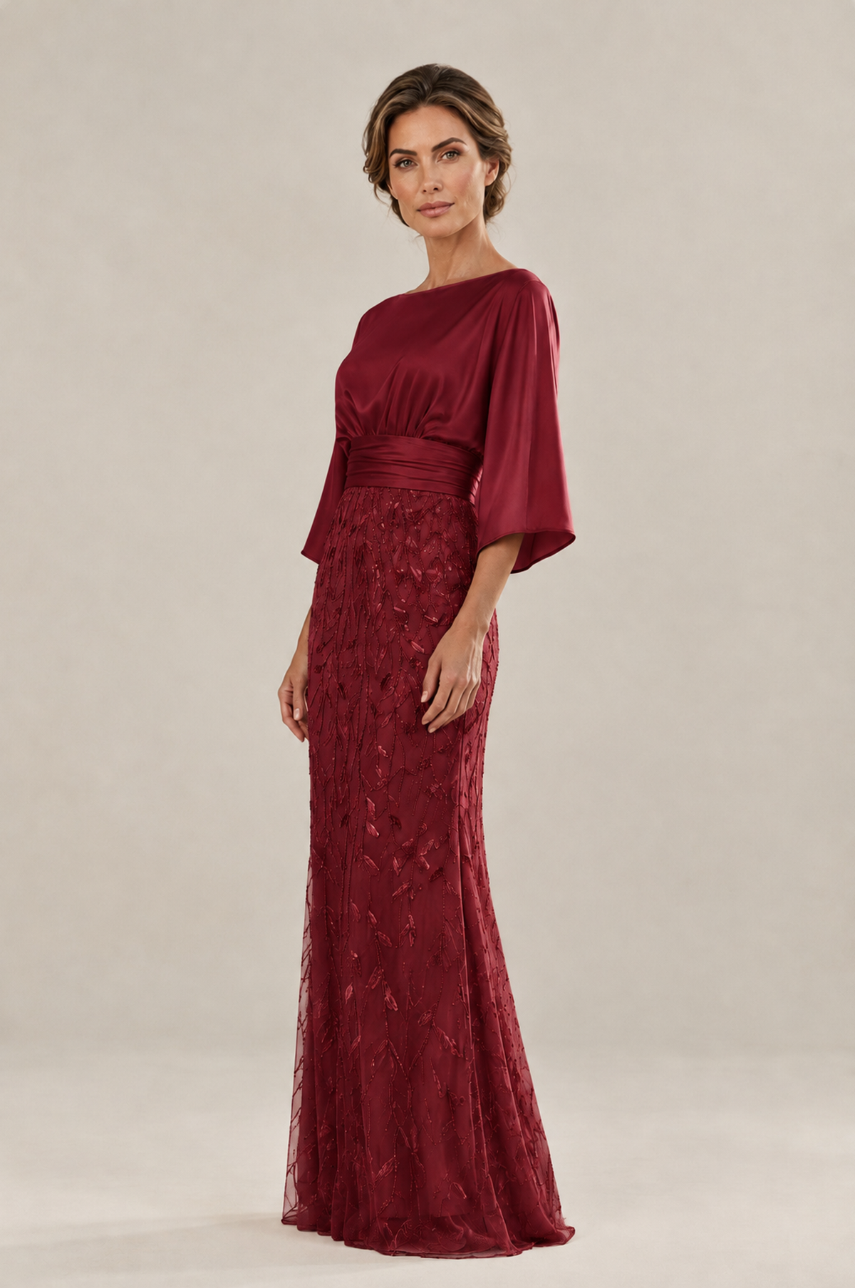 BOLODOO Burgundy Mother of the Bride Dress with Kimono Sleeves, Satin Bodice & Sequin Embroidered Mermaid Floor-Length Gown - Burgundy - Burgundy (4)