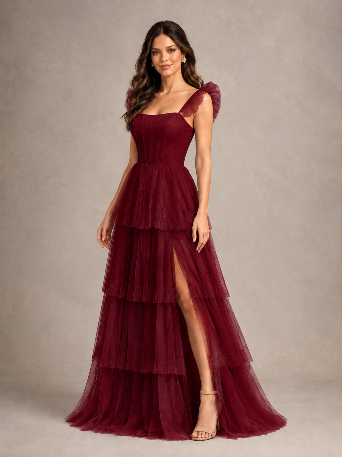 BOLODOO Burgundy Tiered Tulle Bridesmaid Dress with Slit - Burgundy - Burgundy (4)