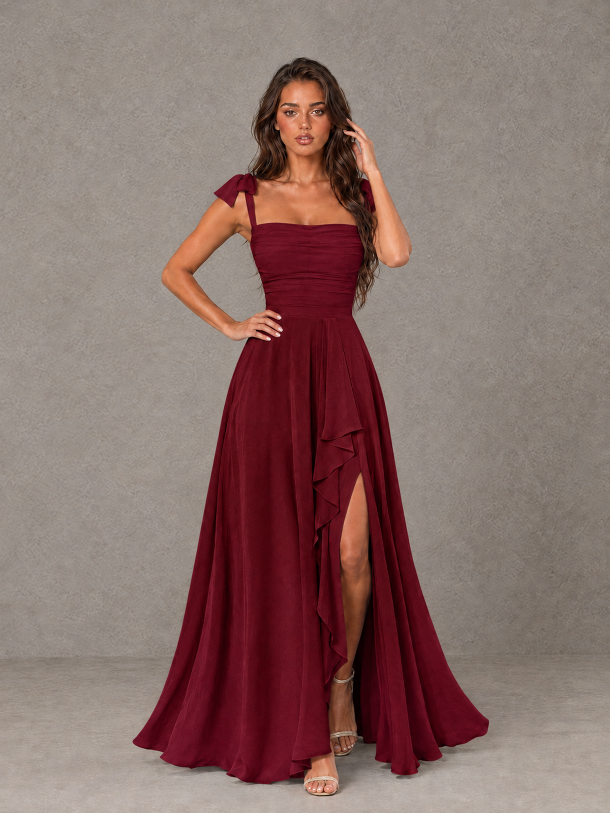 BOLODOO Burgundy Bow-Strap Bridesmaid Dress with Ruffle Slit - Burgundy - Burgundy (4)