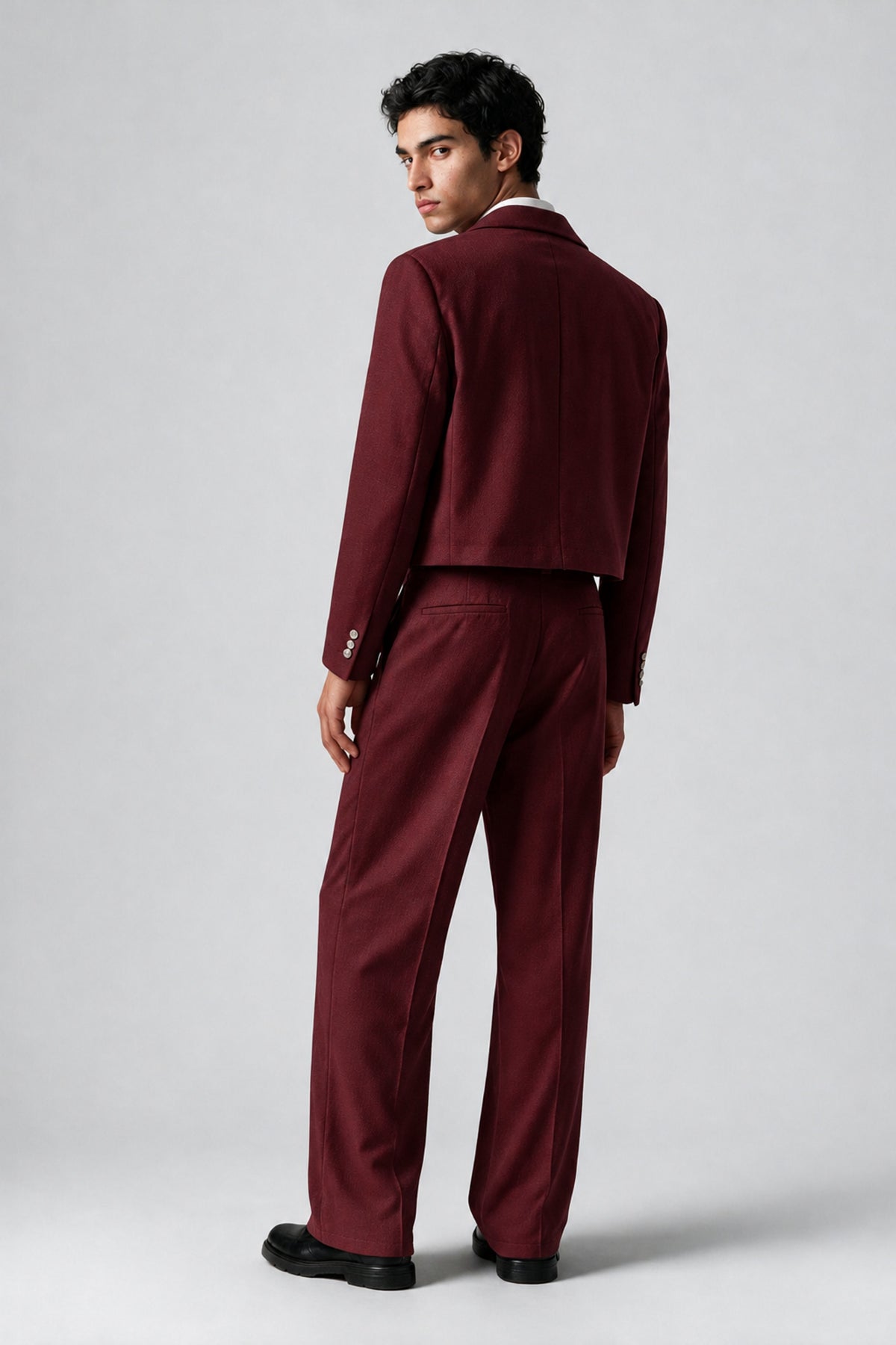 Bolodoo Men's Burgundy Cropped Blazer & Wide-Leg Trousers 2-Piece Suit - Burgundy - Burgundy (4)